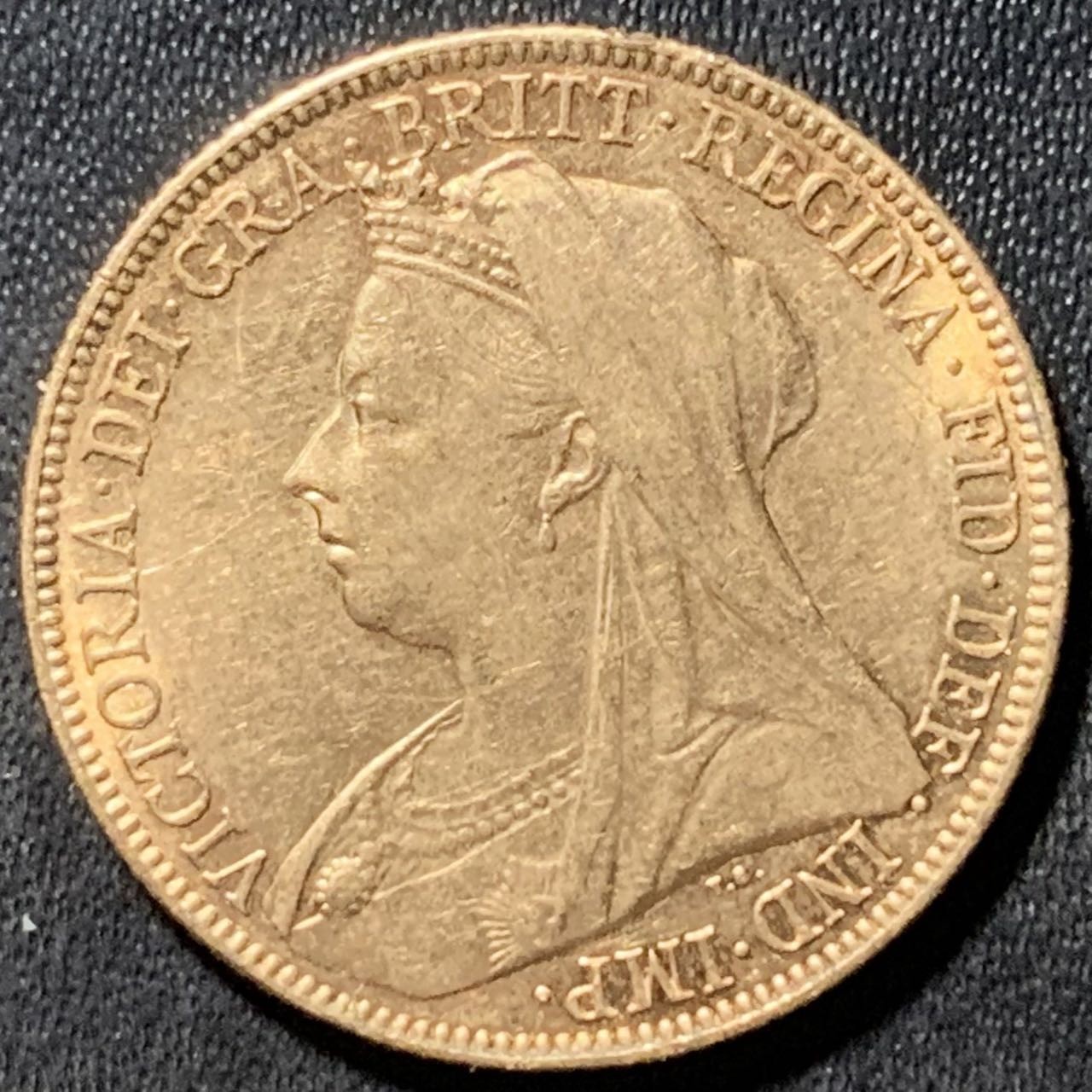 紫瑗钱币——第296期拍卖 英国 1899年 维多利亚女王 披纱 马剑 1索维林(磅) 8克 0.917金