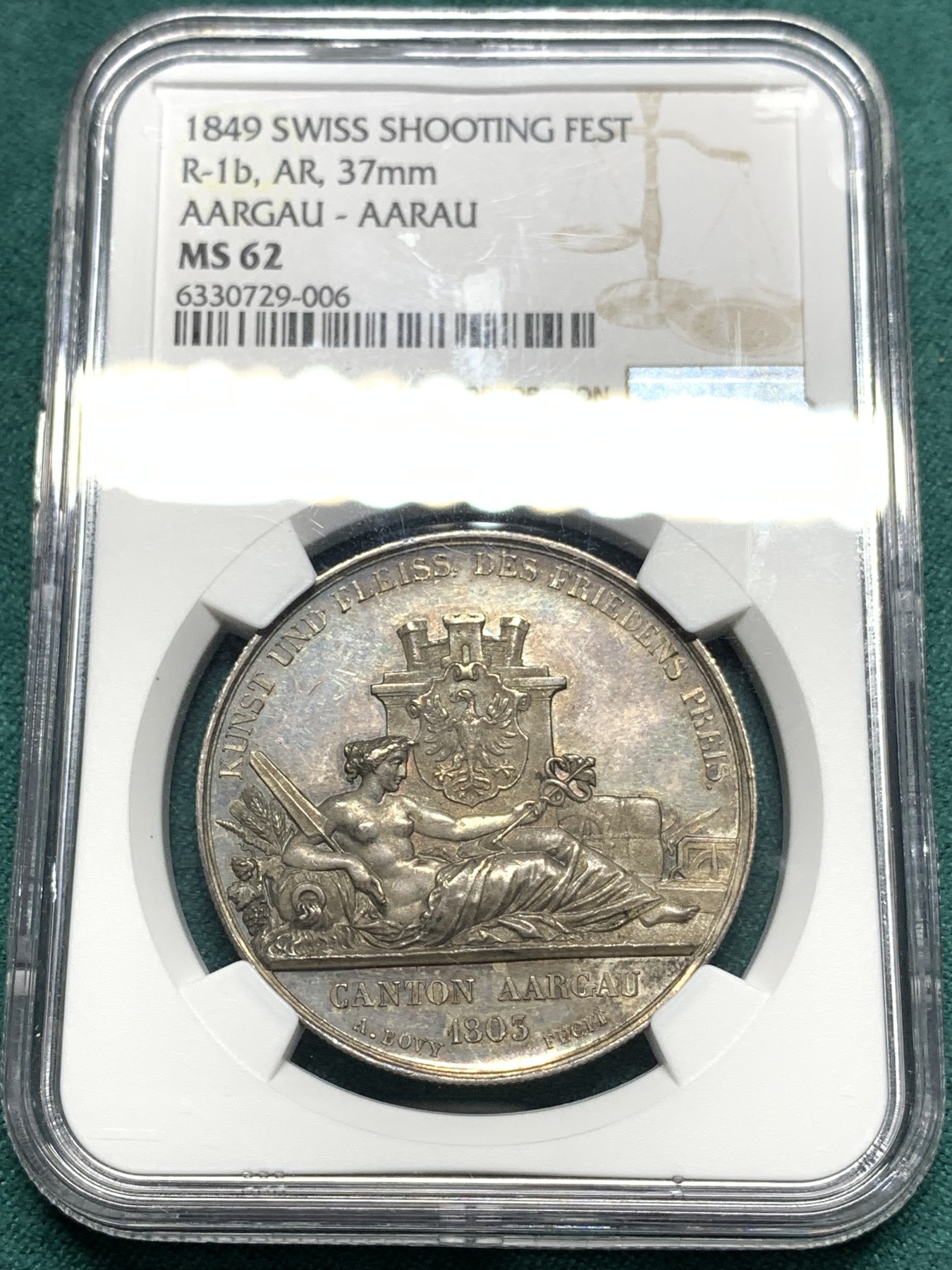 欢迎参加《竞宝斋》为爱冲冲冲 七夕特拍专场 ！第191场 (全场包邮) NGC-MS62 瑞士 1849年 阿尔高 射击节银章 早期稀少品种 镜面底板 油亮包浆 非常漂亮