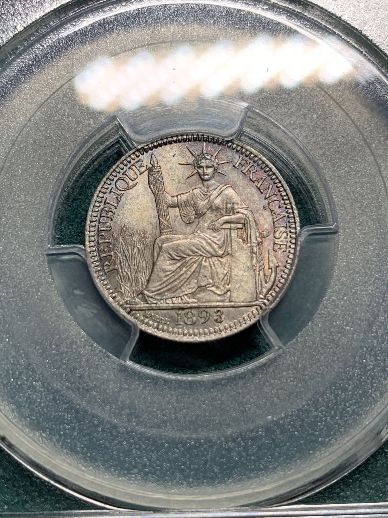 欢迎参加《竞宝斋》为爱冲冲冲 七夕特拍专场 ！第191场 (全场包邮) PCGS MS64 法属印支 1893年 10分 银币 加重版 彩浆罕见！