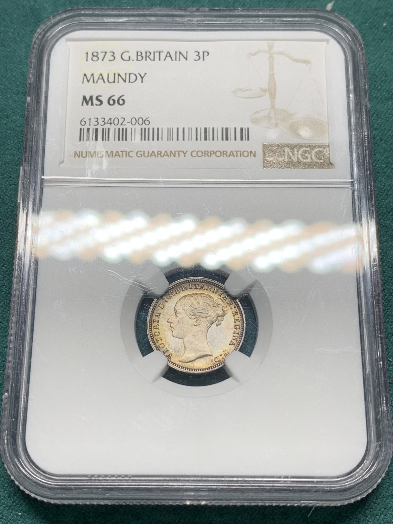 欢迎参加《竞宝斋》为爱冲冲冲 七夕特拍专场 ！第191场 (全场包邮) NGC-MS66 英国 1873年 1/2/3/4便士 青年维多利亚 濯足银币 原味包浆 其中2/3便士冠军分 1/4便士亚军分 难得的高分自藏品