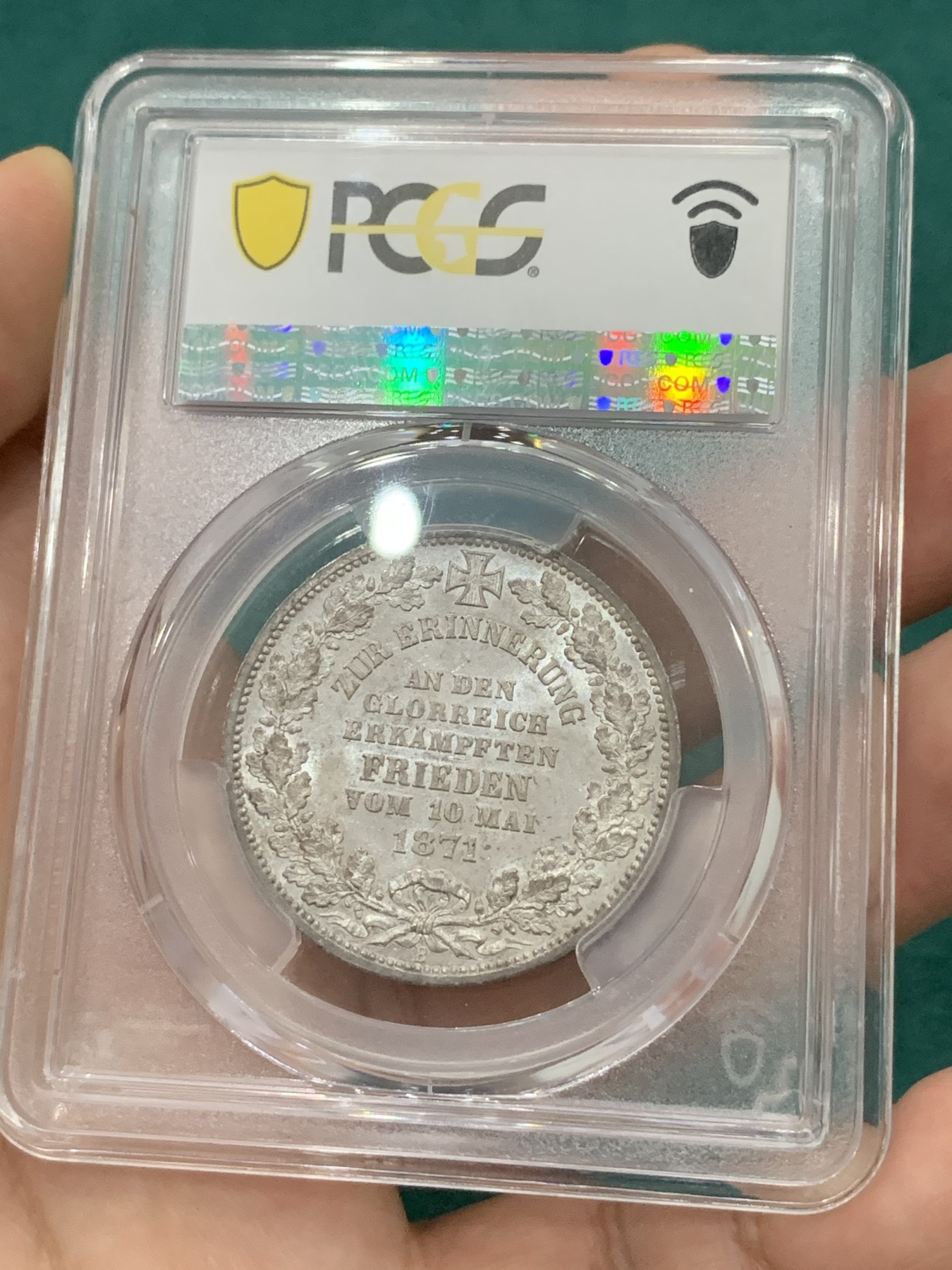欢迎参加《竞宝斋》为爱冲冲冲 七夕特拍专场 ！第191场 (全场包邮) PCGS-MS65，德国不莱梅1871年胜利泰勒银币，锃亮好状态 十字光明显