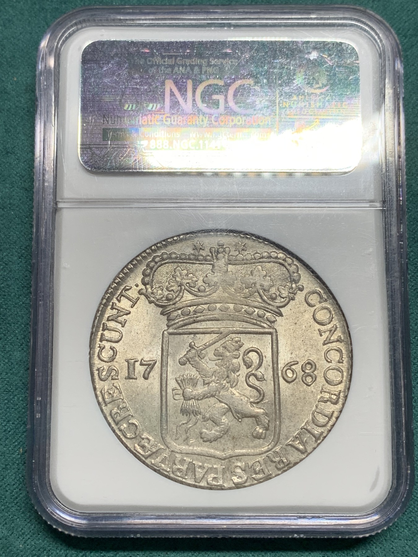 欢迎参加《竞宝斋》为爱冲冲冲 七夕特拍专场 ！第191场 (全场包邮) NGC MS63 荷兰 泽兰省 1768年 1杜卡特 武士银币 打制的很不错 老盒严评 带包浆