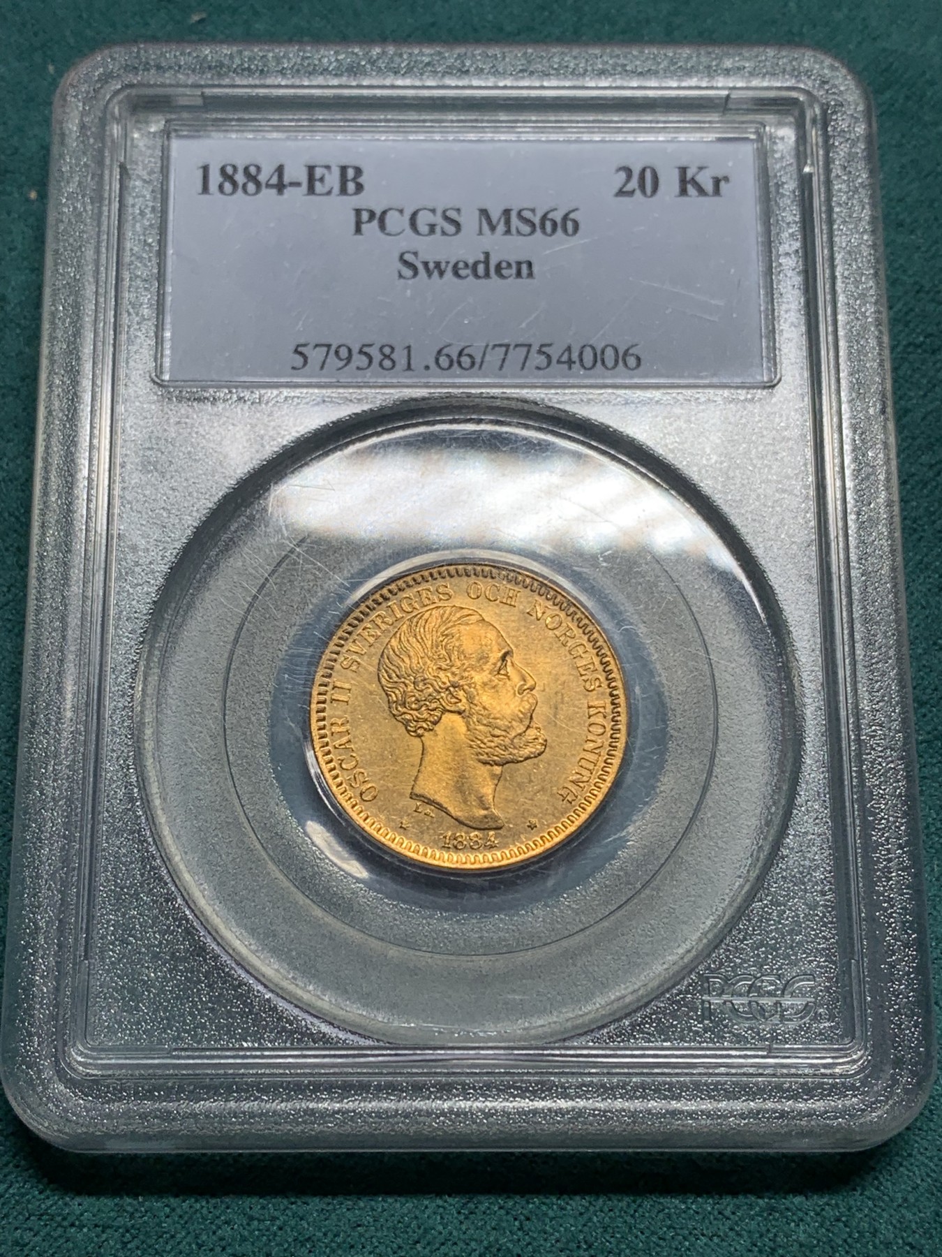 欢迎参加《竞宝斋》为爱冲冲冲 七夕特拍专场 ！第191场 (全场包邮) PCGS MS66 瑞典 1884年 奥斯卡二世20克朗金币 8.96克 顶级高分 少见品种