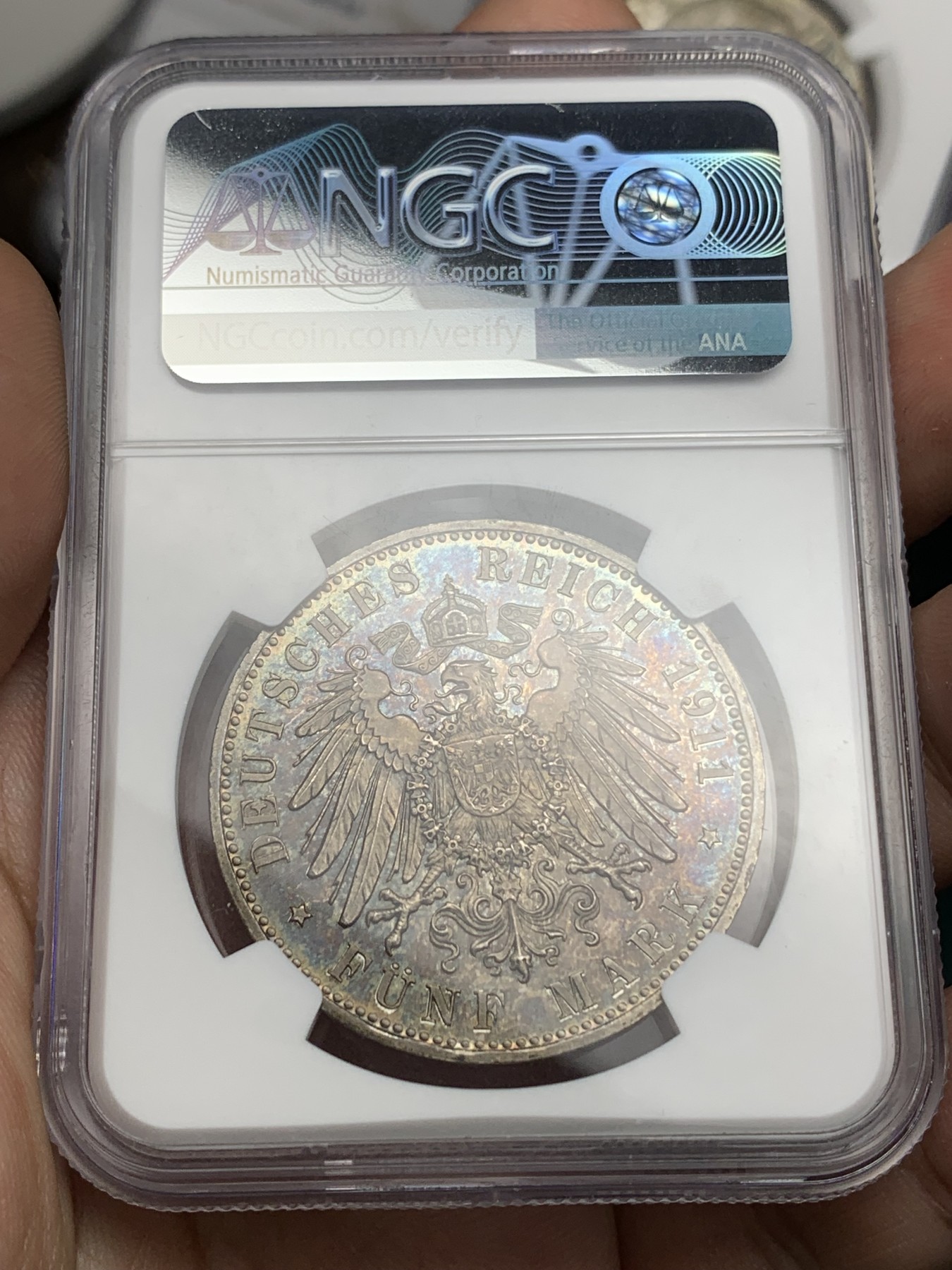 欢迎参加《竞宝斋》为爱冲冲冲 七夕特拍专场 ！第191场 (全场包邮) NGC-PF65 德国 1911年 5马克 巴伐利亚 柳特波德90大寿纪念 精制大银币 包浆自然 背面鹰雕深邃 为N/P精制币双冠军分