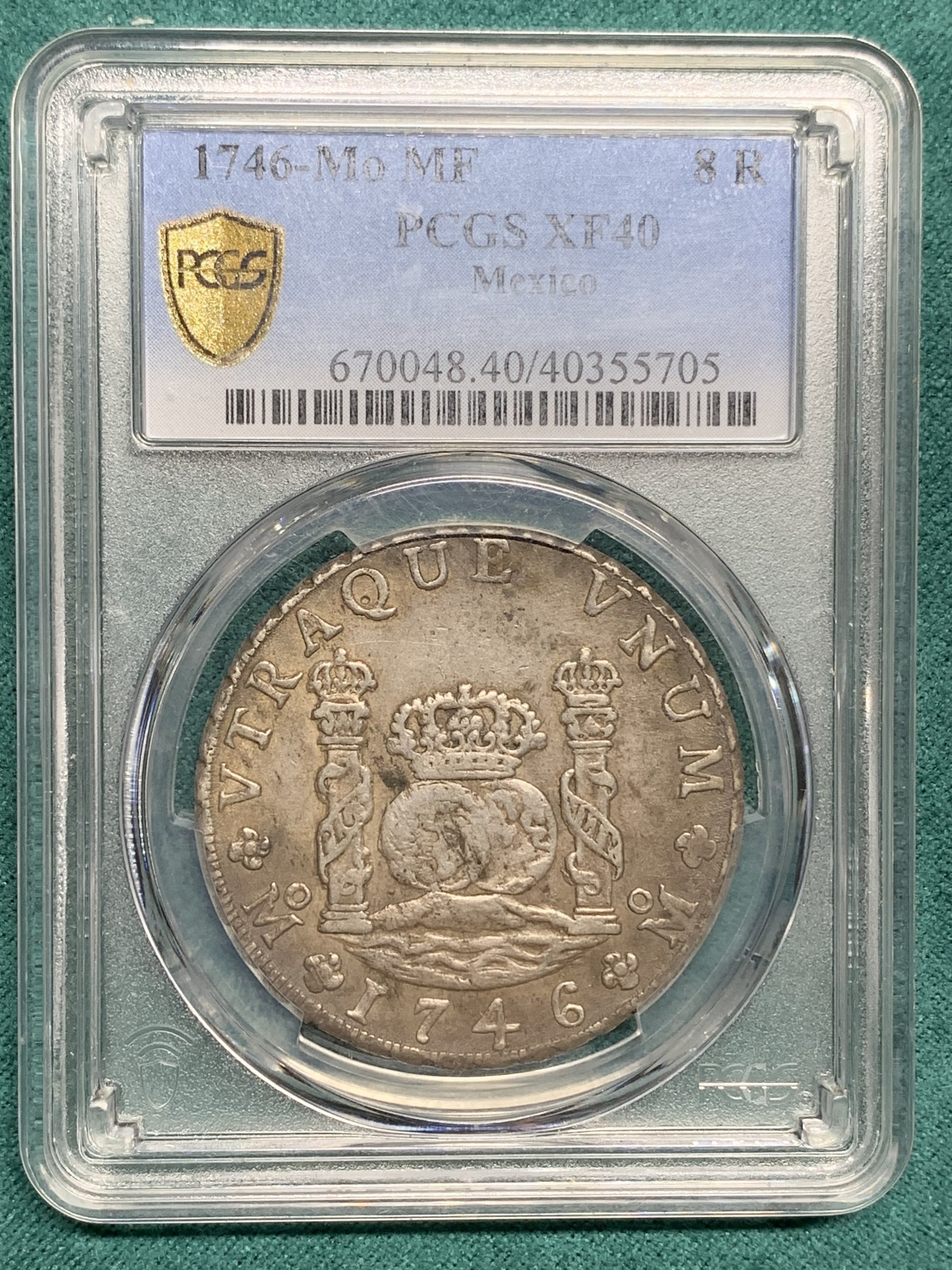 欢迎参加《竞宝斋》为爱冲冲冲 七夕特拍专场 ！第191场 (全场包邮) PCGS-XF40 早期费五 西属墨西哥 1746 MO MF 地球双柱 8瑞尔 原味包浆