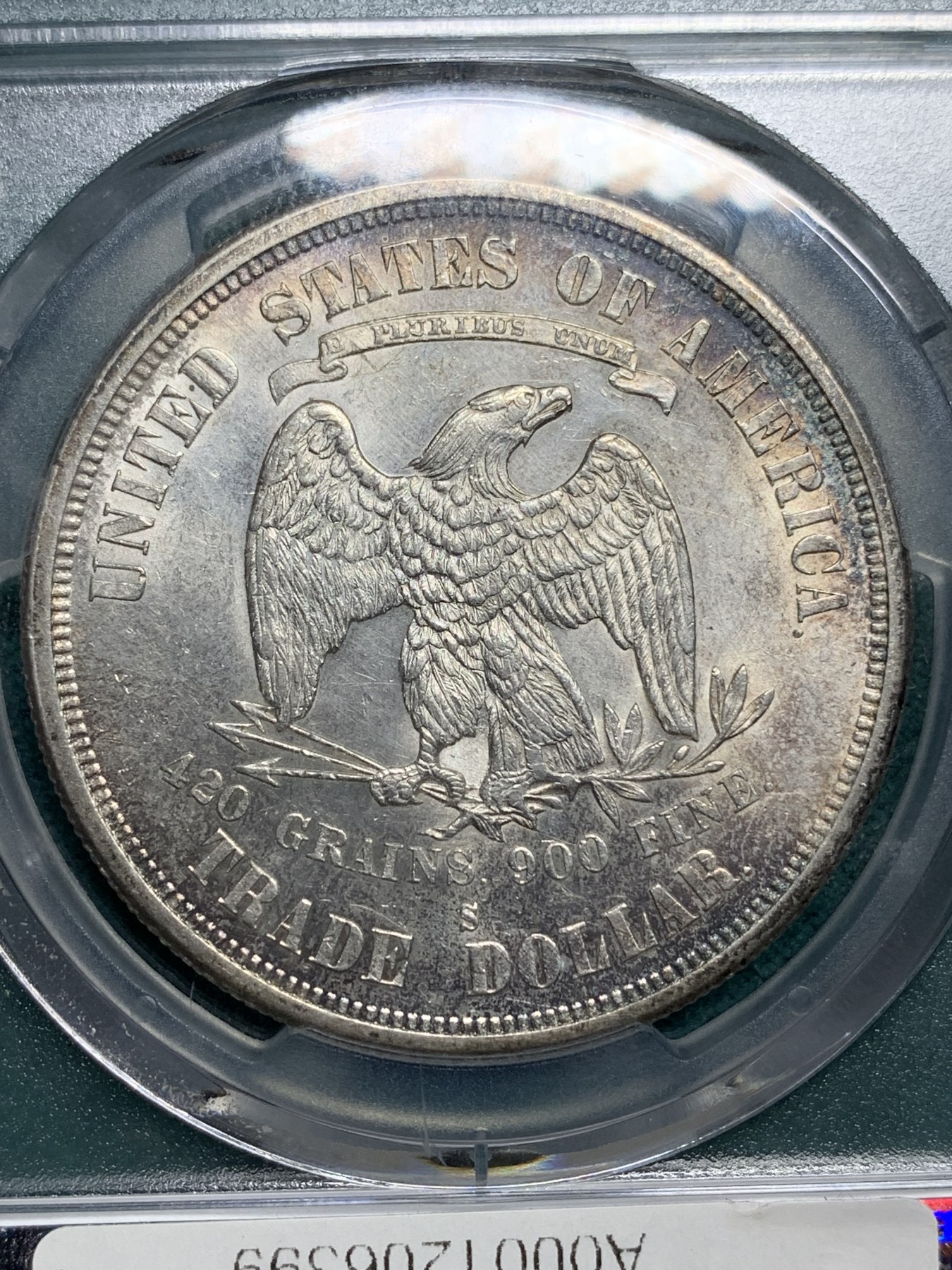 欢迎参加《竞宝斋》为爱冲冲冲 七夕特拍专场 ！第191场 (全场包邮) PCGS-MS61美国1875-S拿花贸易银币 底板丝滑转光带淡彩，这个年份这个品相很难得 稀少热门品种，不容错过