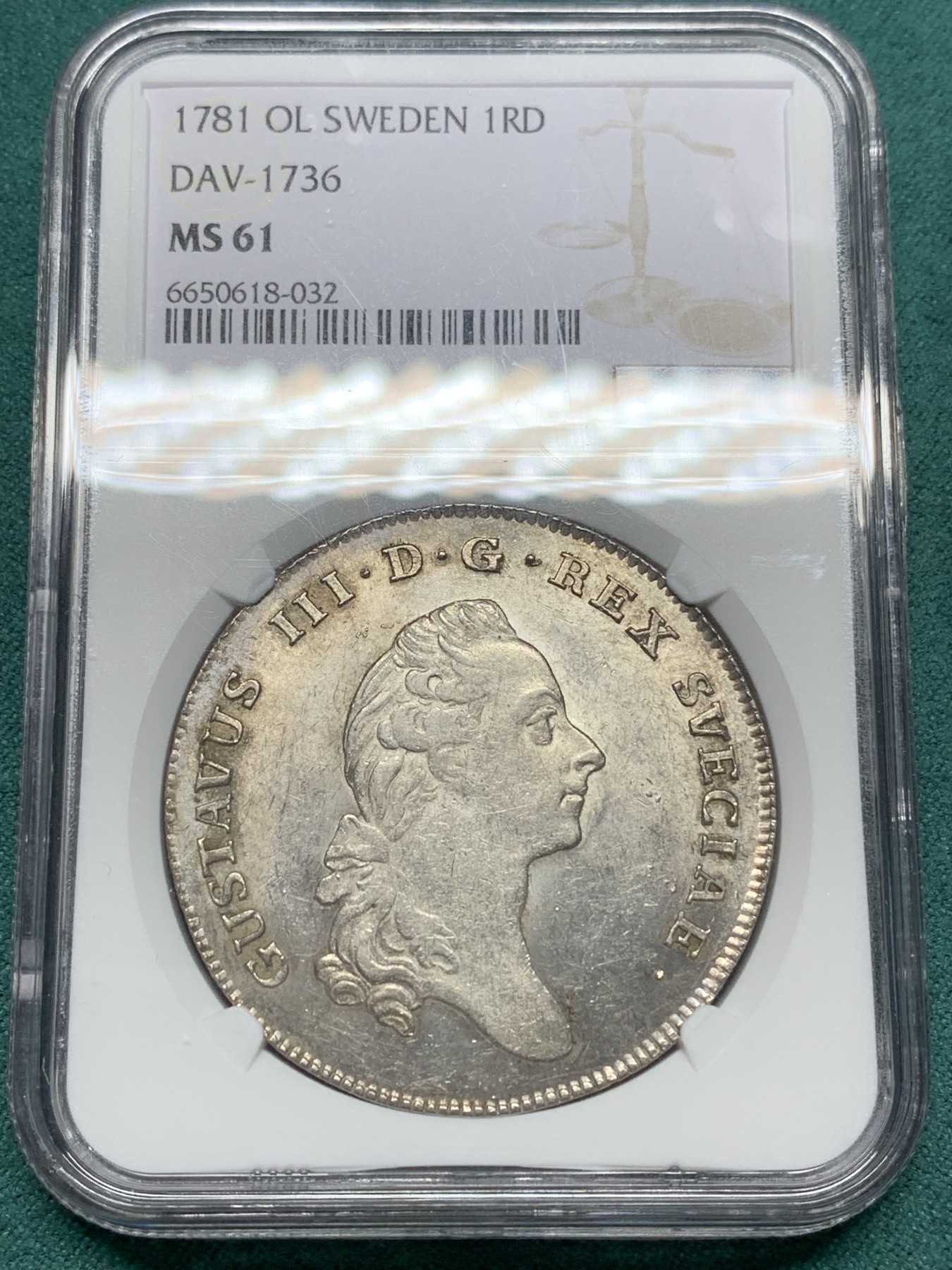欢迎参加《竞宝斋》为爱冲冲冲 七夕特拍专场 ！第191场 (全场包邮) NGC-MS61 瑞典1781-OL古斯塔夫三世国王 1达勒银币 两百多年历史 底板银光充沛 转光强烈 季军分