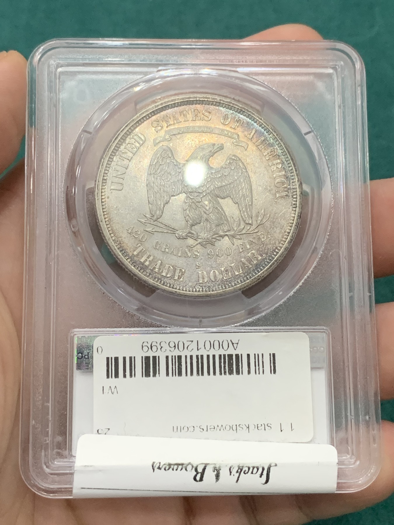 欢迎参加《竞宝斋》为爱冲冲冲 七夕特拍专场 ！第191场 (全场包邮) PCGS-MS61美国1875-S拿花贸易银币 底板丝滑转光带淡彩，这个年份这个品相很难得 稀少热门品种，不容错过