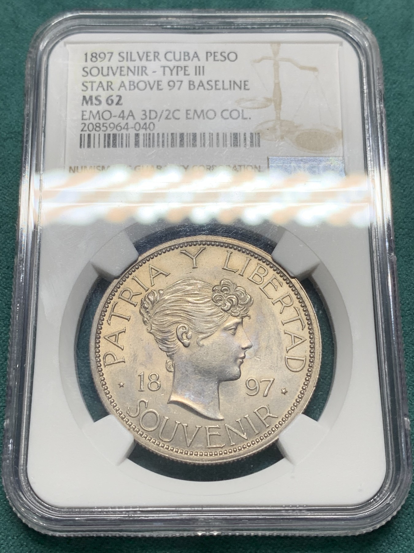 欢迎参加《竞宝斋》为爱冲冲冲 七夕特拍专场 ！第191场 (全场包邮) NGC-MS62 古巴 1897年 女神 1比索 银币 少见TYPE3版别 入盒数量是TYPE1的一半 名家旧藏