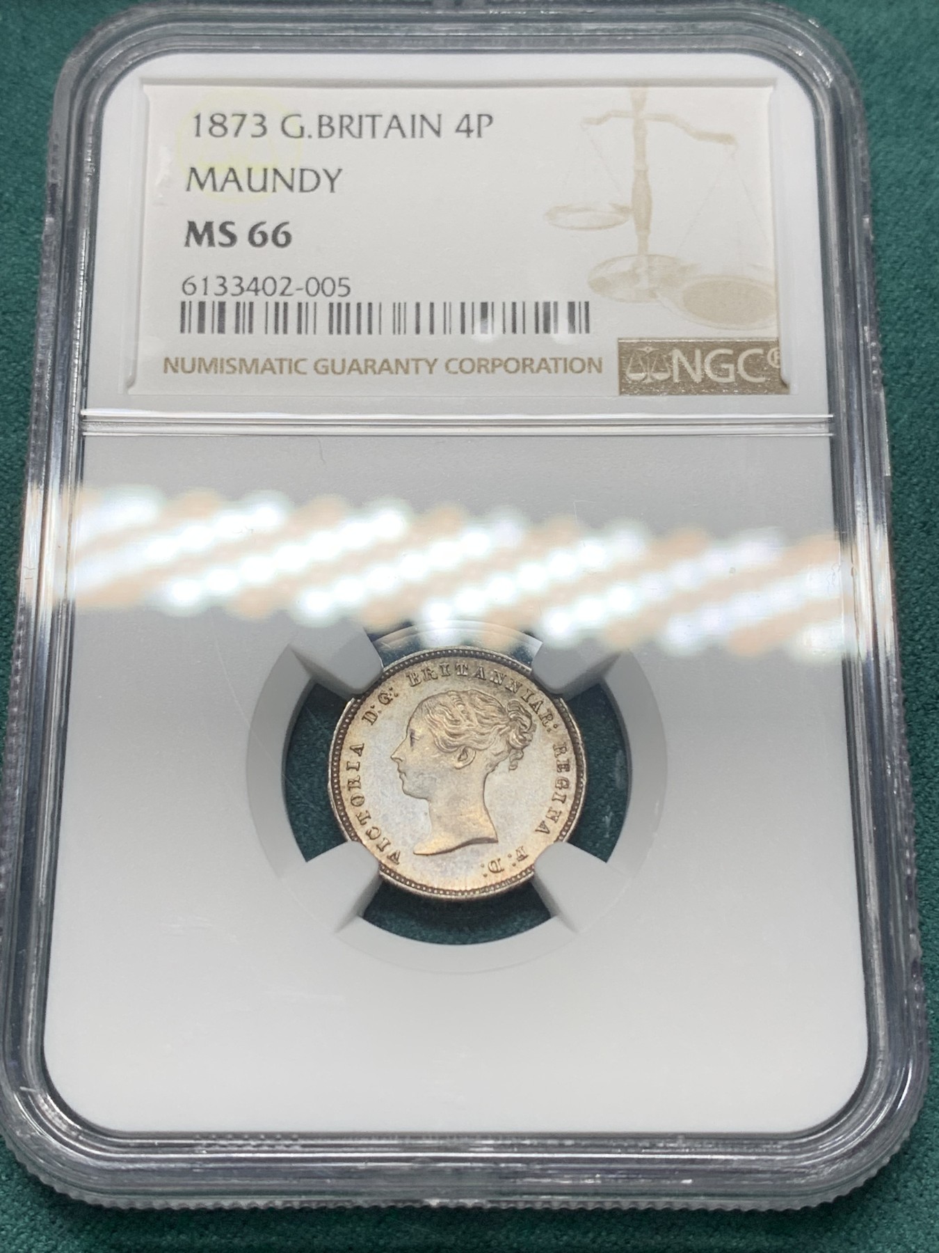 欢迎参加《竞宝斋》为爱冲冲冲 七夕特拍专场 ！第191场 (全场包邮) NGC-MS66 英国 1873年 1/2/3/4便士 青年维多利亚 濯足银币 原味包浆 其中2/3便士冠军分 1/4便士亚军分 难得的高分自藏品