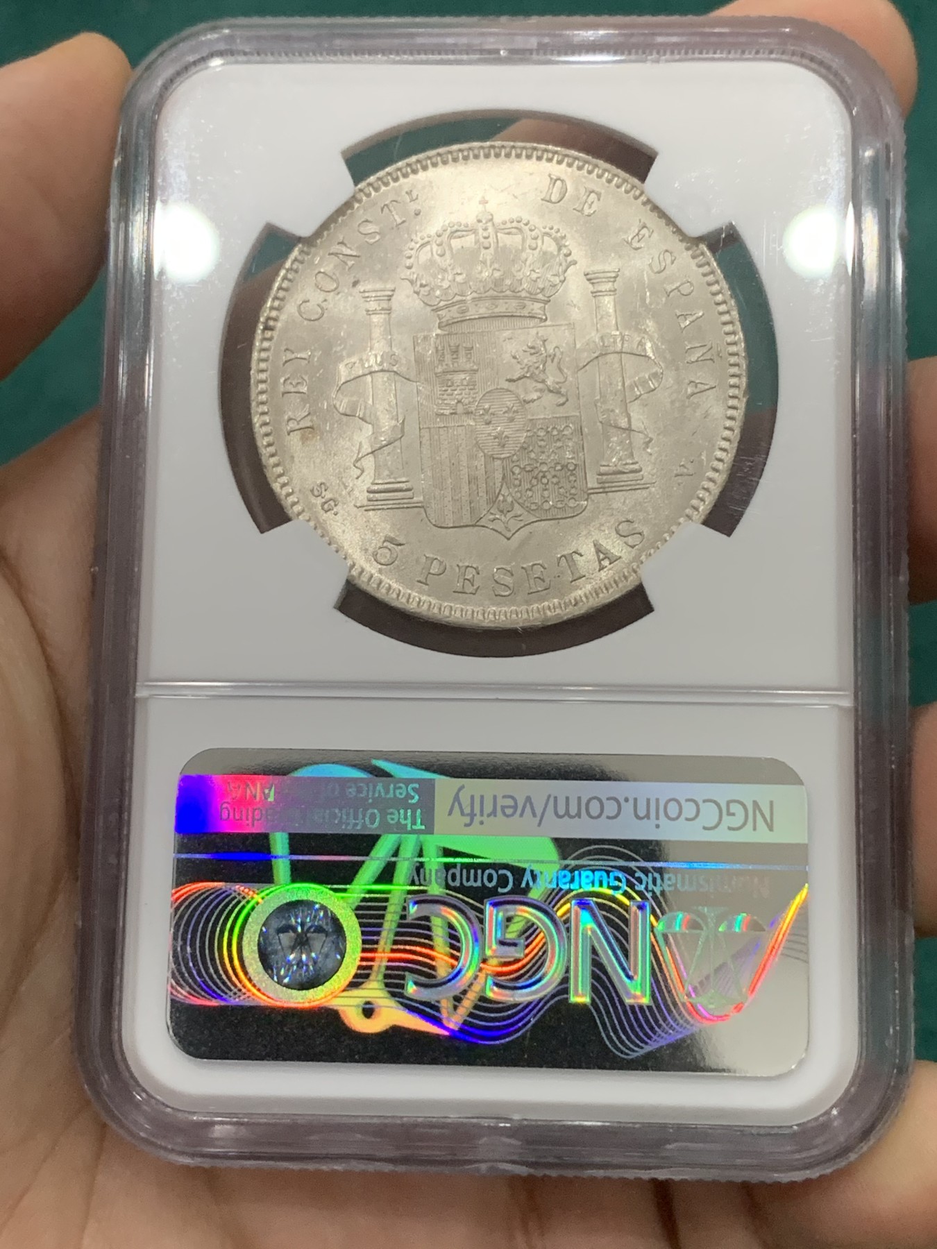 欢迎参加《竞宝斋》为爱冲冲冲 七夕特拍专场 ！第191场 (全场包邮) NGC-MS63 1898年西班牙阿方索十三世儿童头5比塞塔银币 十字转光 品相不错 值得收藏