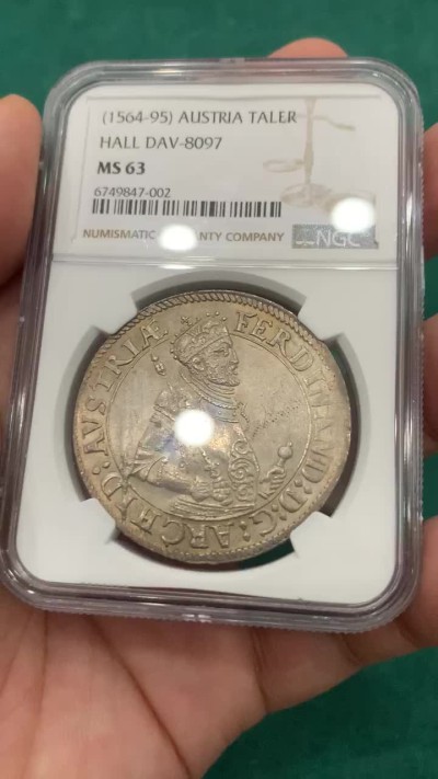 欢迎参加《竞宝斋》为爱冲冲冲 七夕特拍专场 ！第191场 (全场包邮) NGC-MS63  神圣罗马帝国 1564-95年 1泰勒 大银币霍尔造币厂 双面五彩包浆好状态 一枚毕业