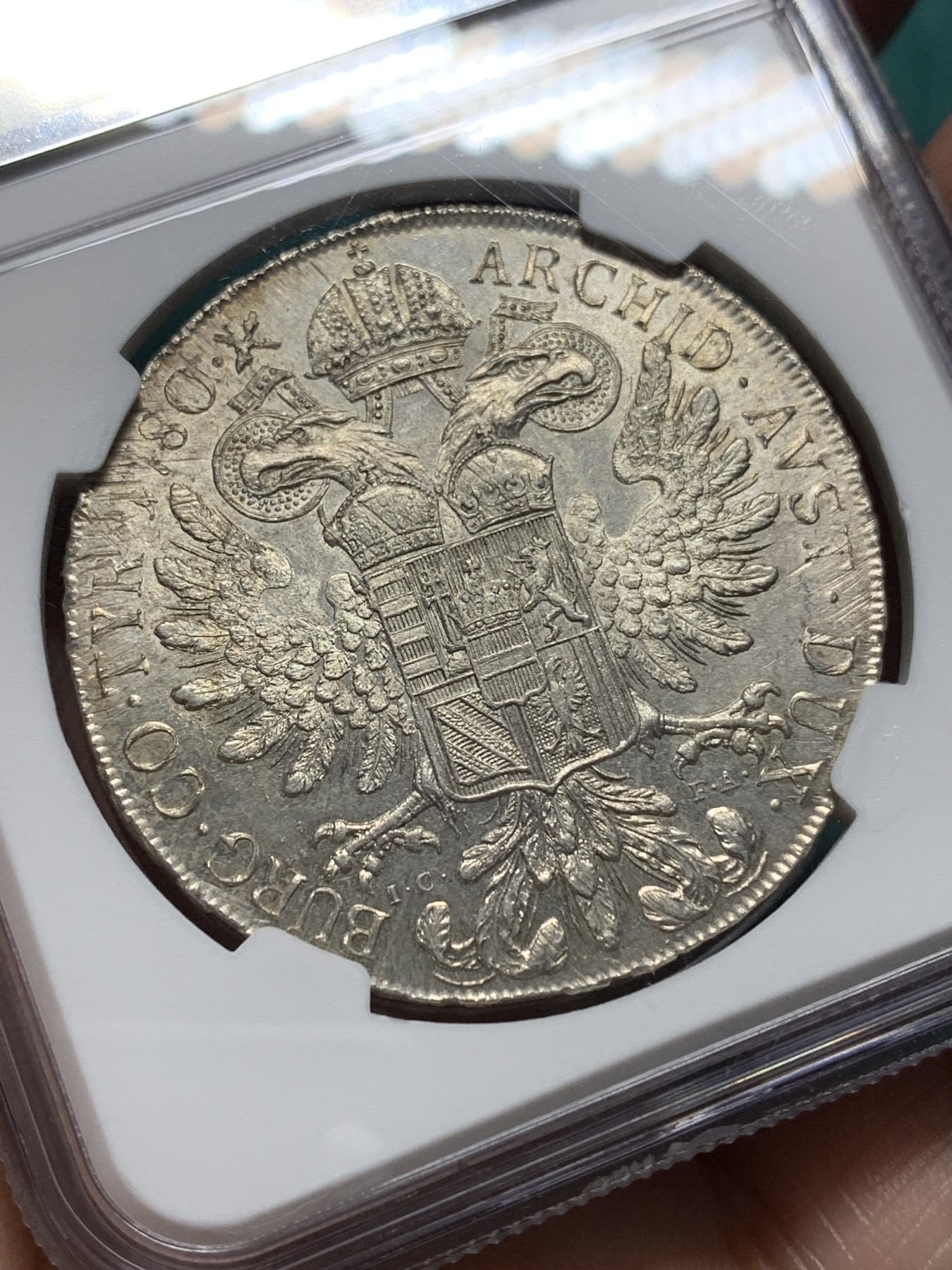 欢迎参加《竞宝斋》为爱冲冲冲 七夕特拍专场 ！第191场 (全场包邮) NGC MS61  1780原铸大奶妈泰勒银币IC FA维也纳厂，皇冠六珍珠大勃艮第十字H13版本，比常见的H19皇冠八珍珠少太多，NGC唯一评级