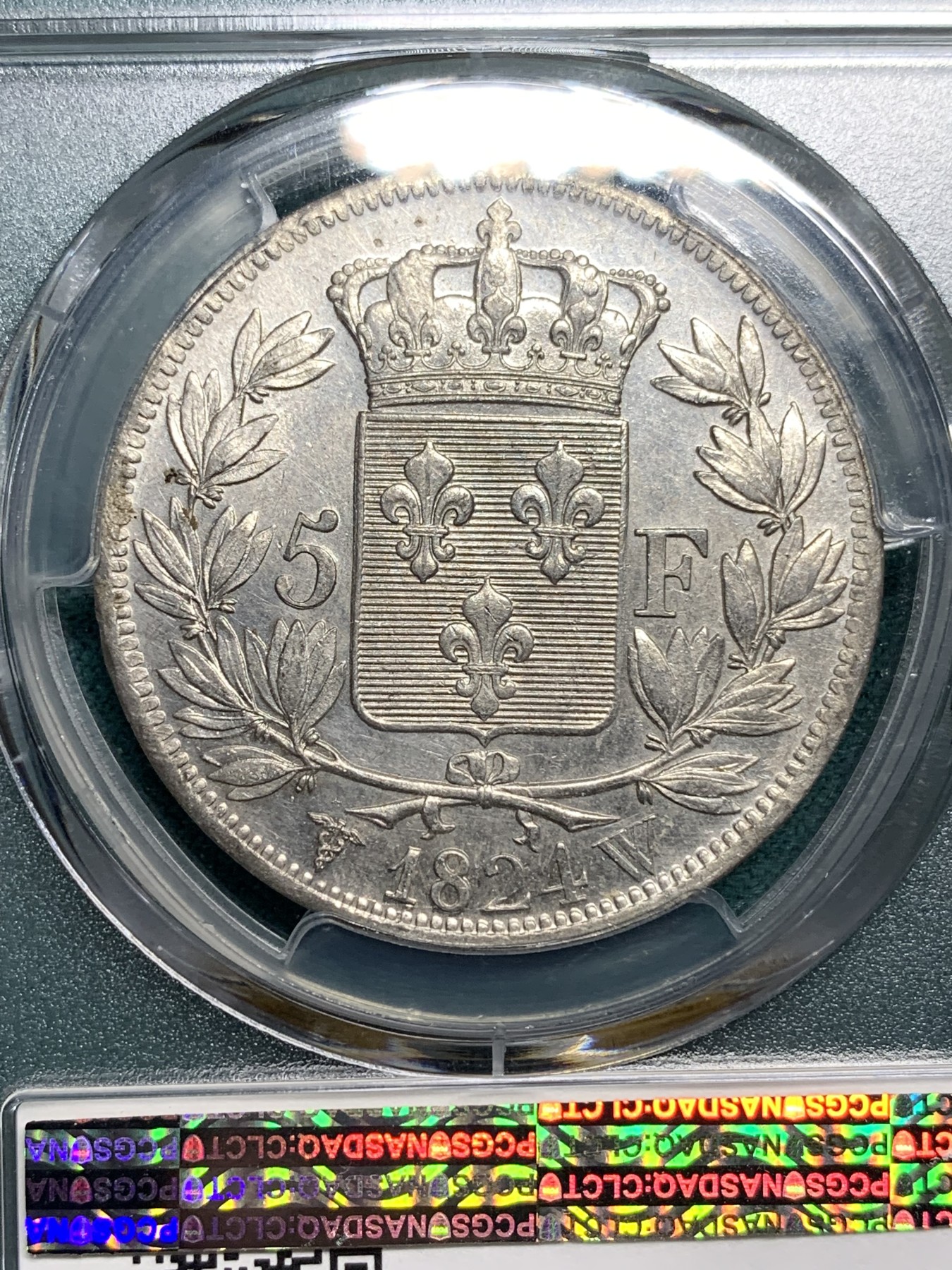 欢迎参加《竞宝斋》为爱冲冲冲 七夕特拍专场 ！第191场 (全场包邮) PCGS AU58  法国1824年路易十八5法郎银币，马头。状态一流，底板镜面有霜，好品稀少
