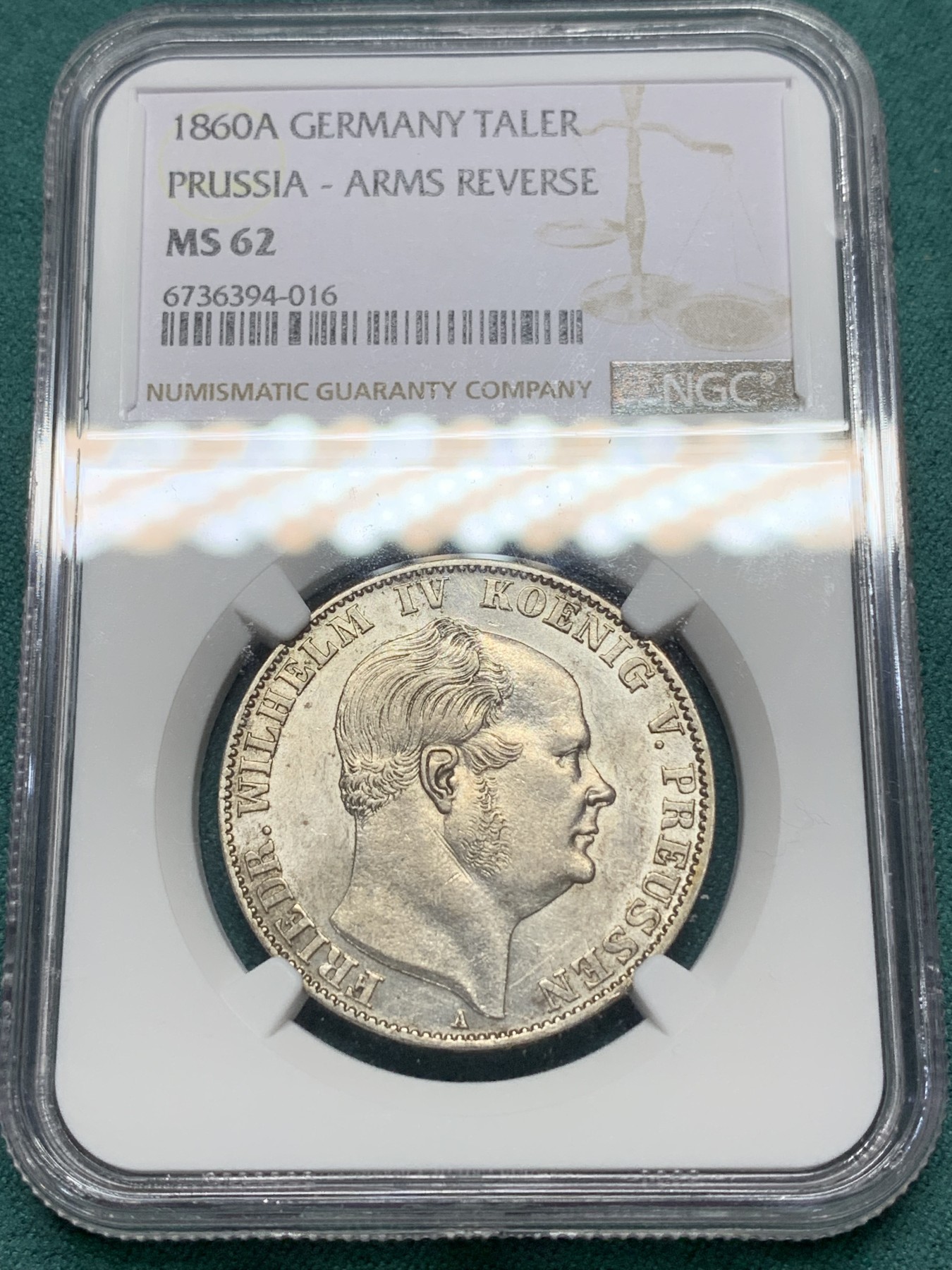 欢迎参加《竞宝斋》为爱冲冲冲 七夕特拍专场 ！第191场 (全场包邮) NGC-MS62 德国普鲁士洋葱头1860A 1泰勒银币 少见未流通好品 原状态连续转光 离冠鹰少见版本