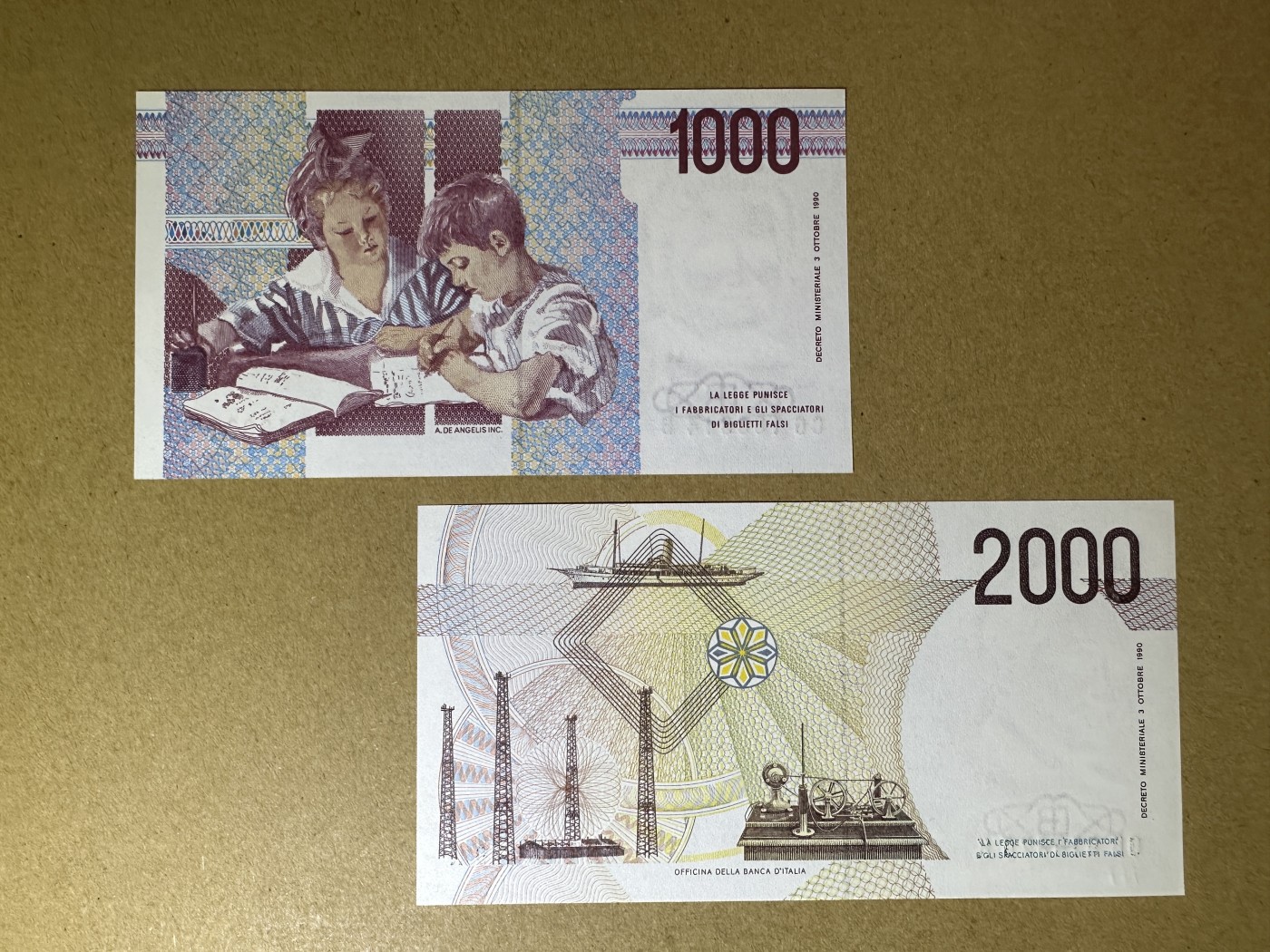 《张总收藏》115期-外币超精品场 新壳无划痕 意大利1000、2000里拉2张 UNC 末版 1990年
