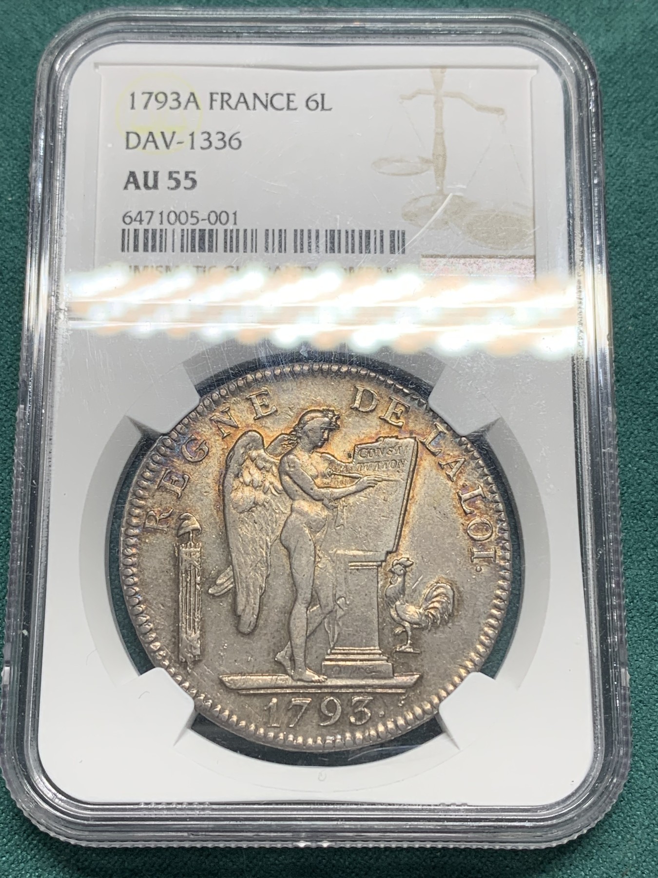 欢迎参加《竞宝斋》为爱冲冲冲 七夕特拍专场 ！第191场 (全场包邮) NGC-AU55 1793年法国天使6里弗 法国大革命时期的早期货币，深打淡彩轻微减重痕，整体无大伤，状态相当出众