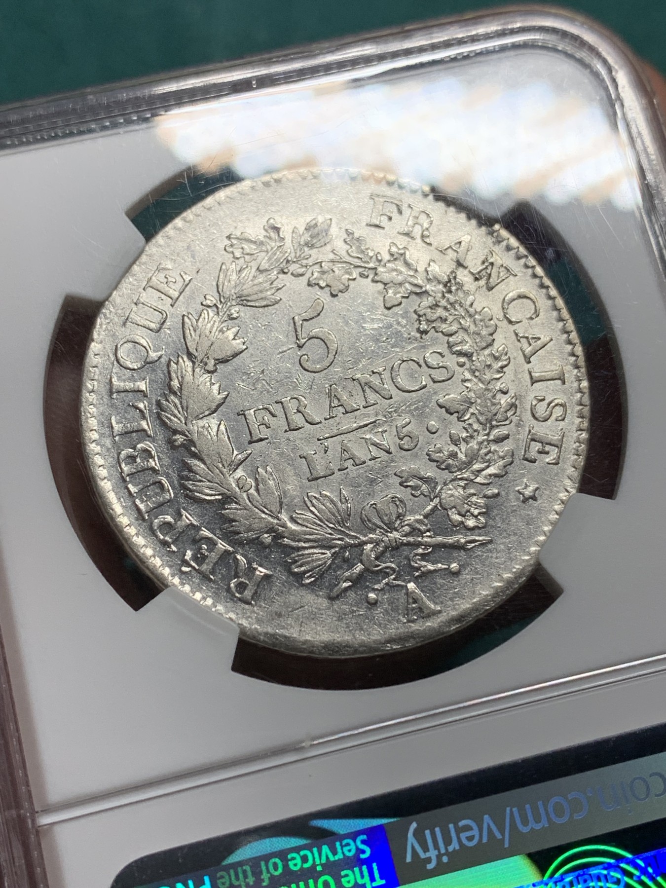 欢迎参加《竞宝斋》为爱冲冲冲 七夕特拍专场 ！第191场 (全场包邮) NGC AU53 法国LAN 5A版 法兰西第一共和国大力神5法郎银币 状态优秀 白净好状态