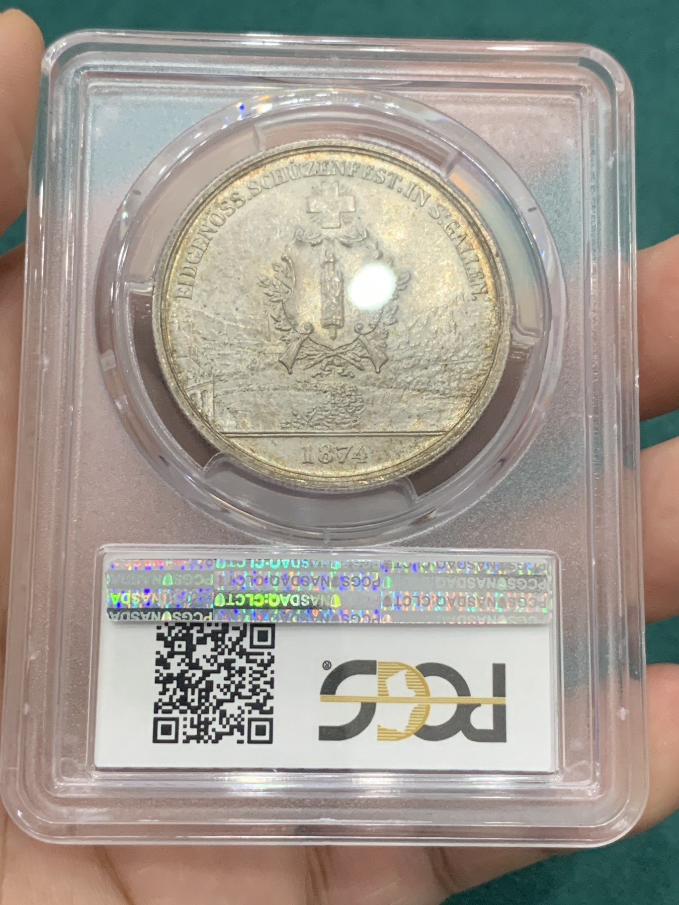 欢迎参加《竞宝斋》为爱冲冲冲 七夕特拍专场 ！第191场 (全场包邮) PCGS MS65 1874年瑞士圣加仑射击节5法郎银币，欧洲纸袋包浆，高分品质凤毛麟角，早期严评，人物高点表情俱在