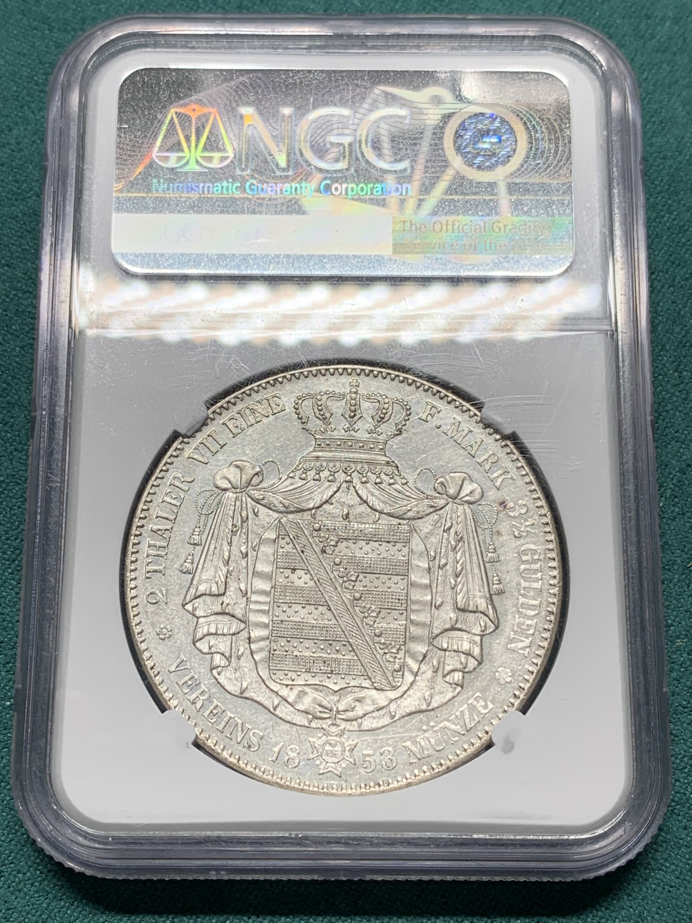 欢迎参加《竞宝斋》为爱冲冲冲 七夕特拍专场 ！第191场 (全场包邮) NGC-AU58 德国萨克森 1853F 2泰勒大银币 大窗帘  少见品种 37克 大规格