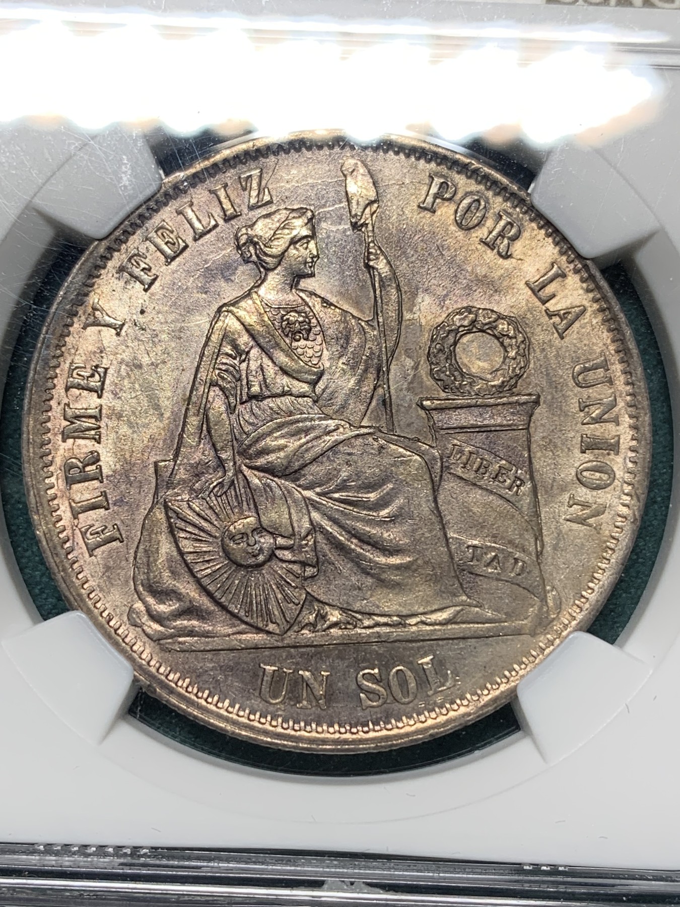 欢迎参加《竞宝斋》为爱冲冲冲 七夕特拍专场 ！第191场 (全场包邮) NGC MS62  1866/56 秘鲁1索尔银币 骑字版 早期年份 包浆不错 底光充足
