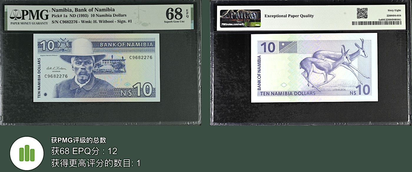 《张总收藏》115期-外币超精品场 新壳无划痕 纳米比亚10元 PMG68E 1993年初版 Pick1a 亚军分 更高分仅1张 无4 