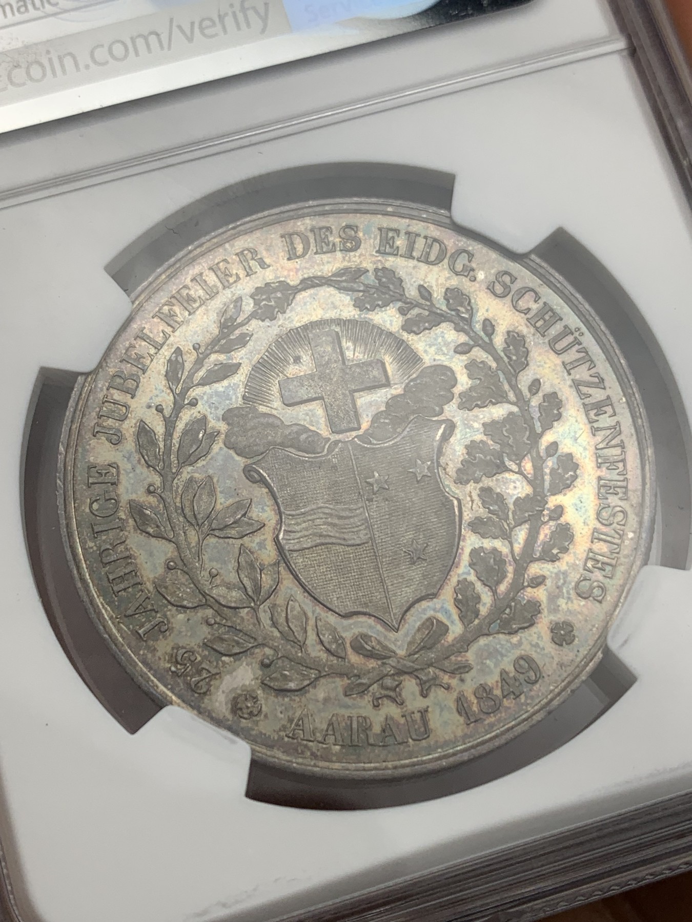 欢迎参加《竞宝斋》为爱冲冲冲 七夕特拍专场 ！第191场 (全场包邮) NGC-MS62 瑞士 1849年 阿尔高 射击节银章 早期稀少品种 镜面底板 油亮包浆 非常漂亮