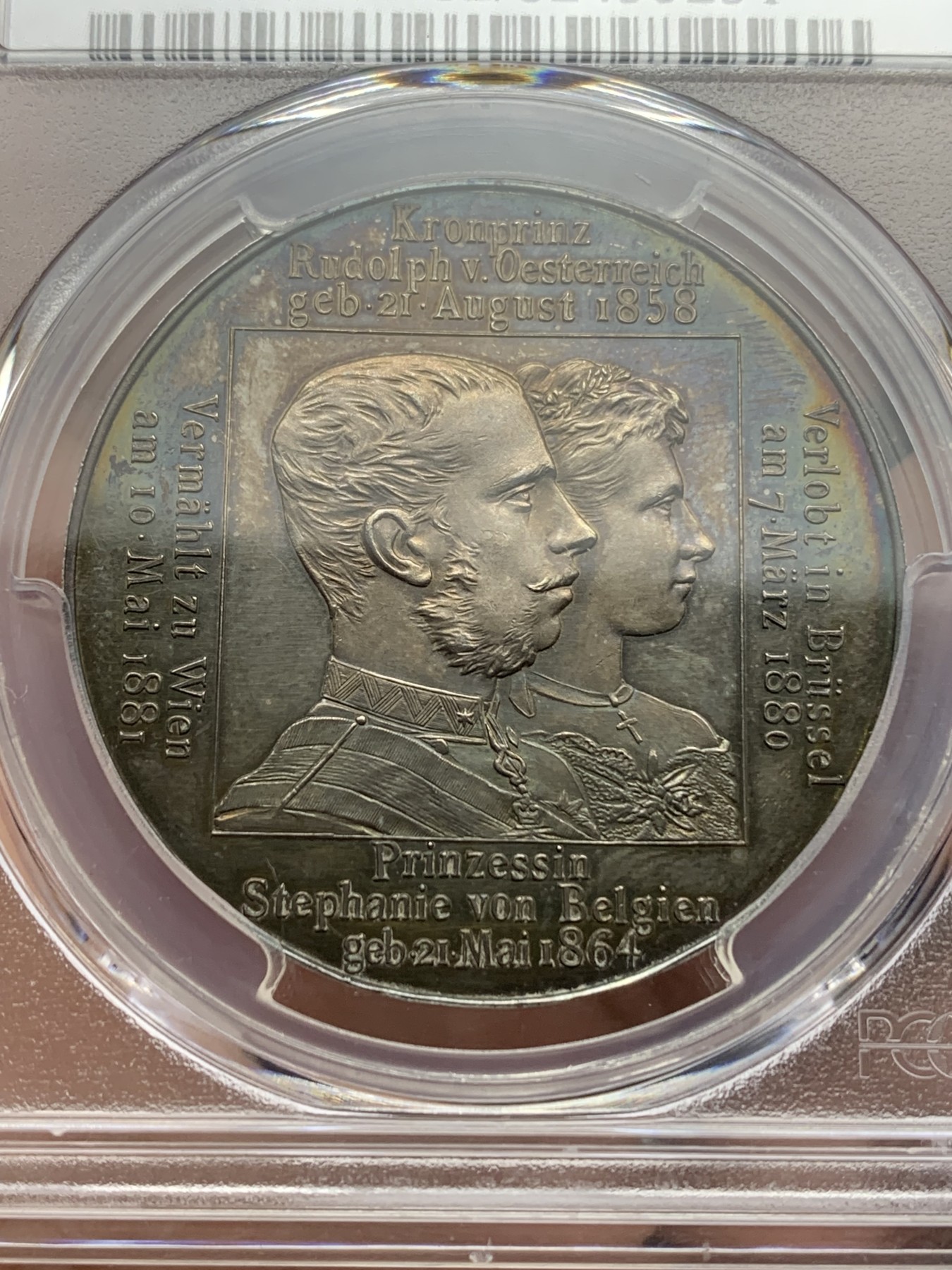 欢迎参加《竞宝斋》为爱冲冲冲 七夕特拍专场 ！第191场 (全场包邮) PCGS-SP62 奥地利 1881年 鲁道夫结婚纪念银章 非常漂亮的双面五彩包浆 背面还带日历表 创意无限