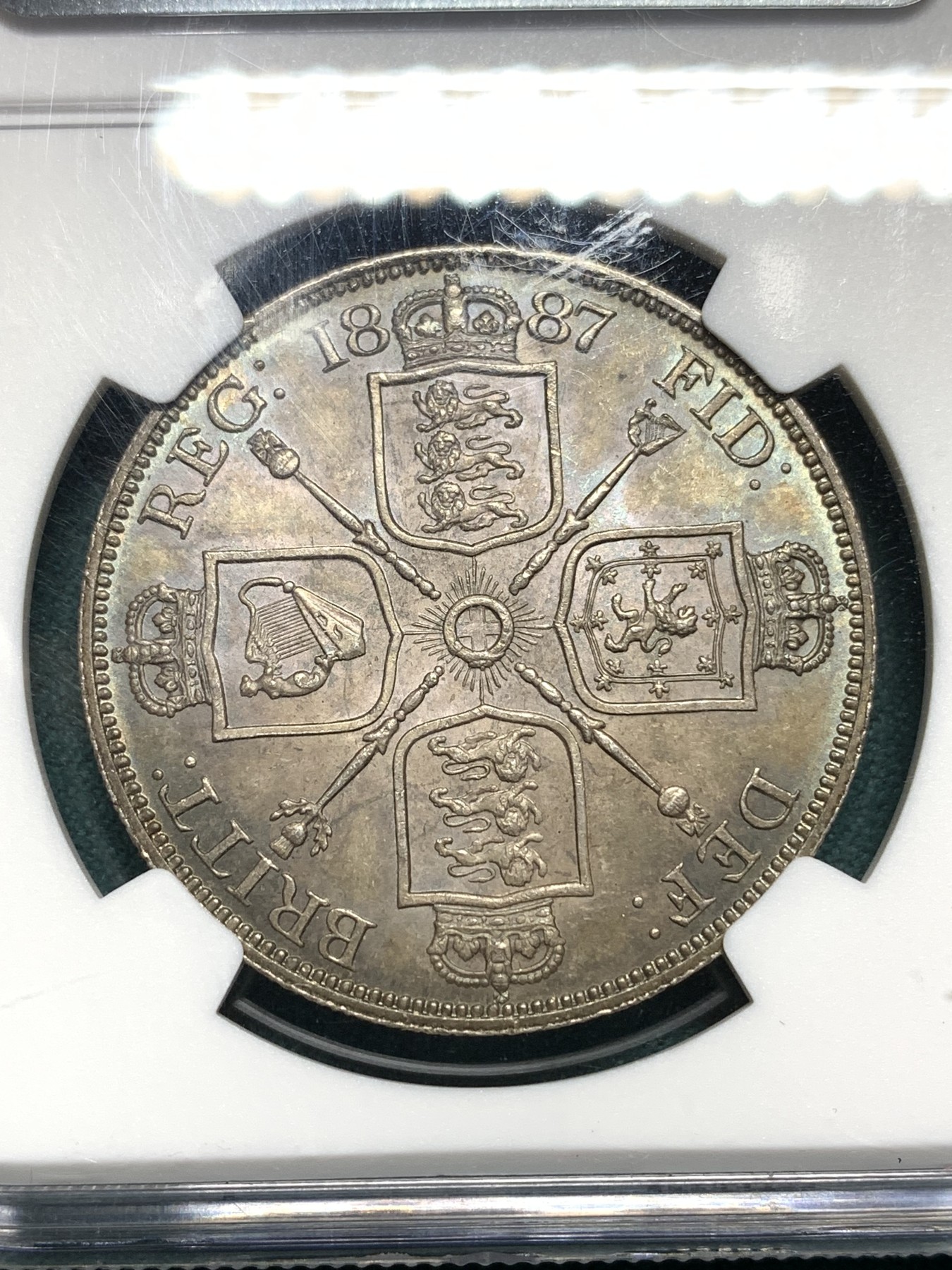 欢迎参加《竞宝斋》为爱冲冲冲 七夕特拍专场 ！第191场 (全场包邮) NGC MS64 1887年维多利亚高冠双弗洛林4先令银币 罗马体 极品原光五彩