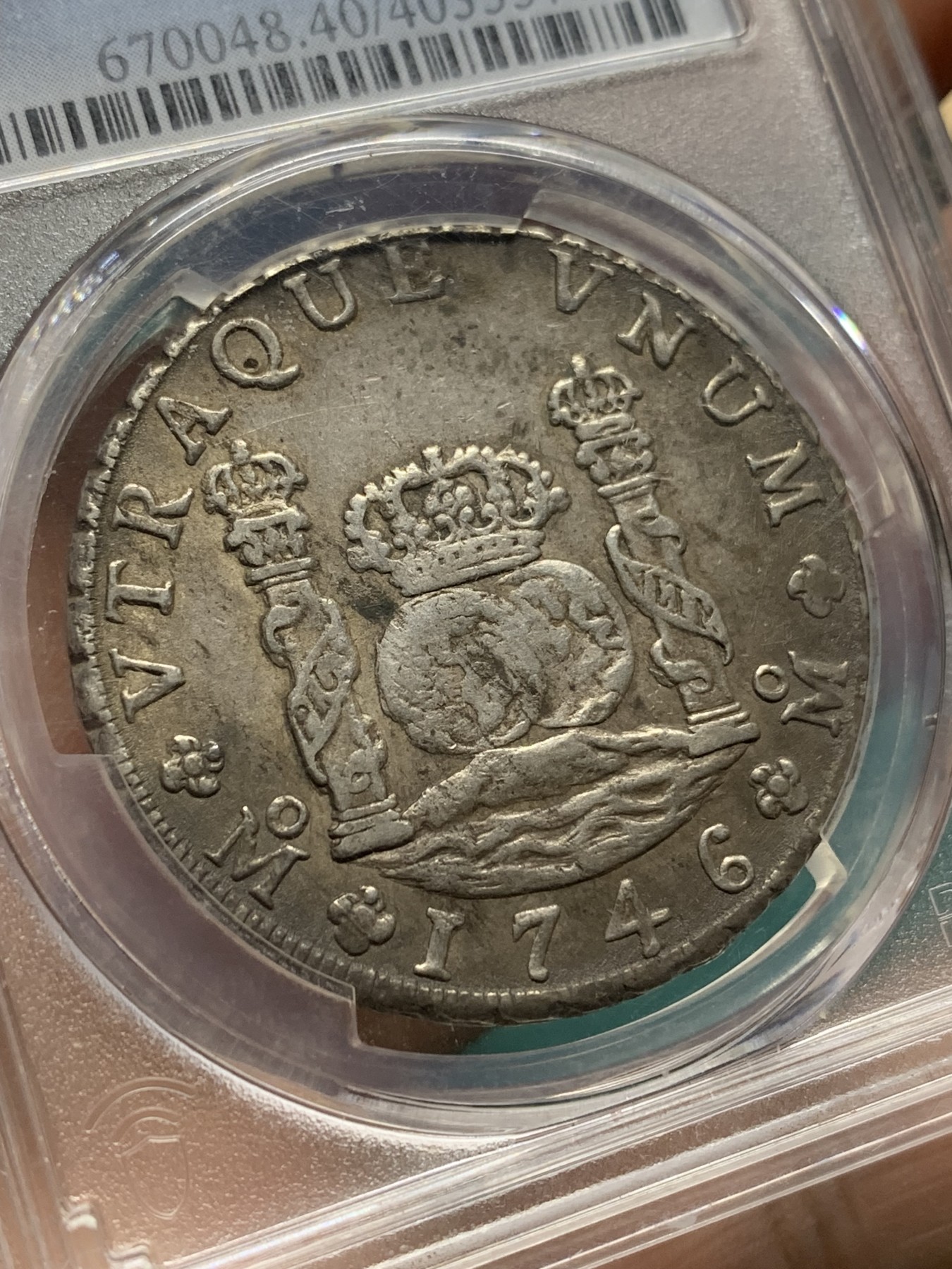 欢迎参加《竞宝斋》为爱冲冲冲 七夕特拍专场 ！第191场 (全场包邮) PCGS-XF40 早期费五 西属墨西哥 1746 MO MF 地球双柱 8瑞尔 原味包浆