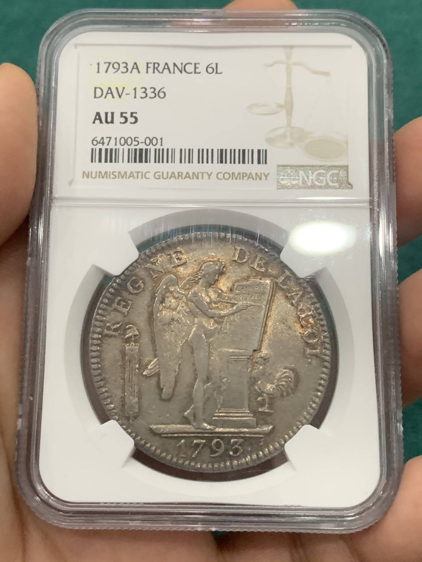 欢迎参加《竞宝斋》为爱冲冲冲 七夕特拍专场 ！第191场 (全场包邮) NGC-AU55 1793年法国天使6里弗 法国大革命时期的早期货币，深打淡彩轻微减重痕，整体无大伤，状态相当出众