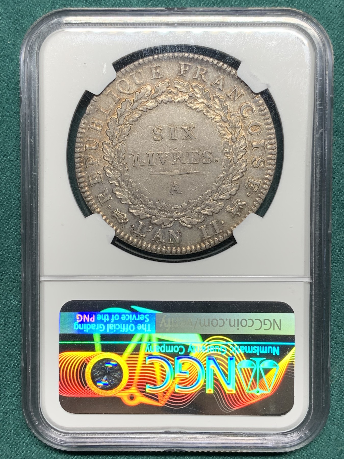 欢迎参加《竞宝斋》为爱冲冲冲 七夕特拍专场 ！第191场 (全场包邮) NGC-AU55 1793年法国天使6里弗 法国大革命时期的早期货币，深打淡彩轻微减重痕，整体无大伤，状态相当出众