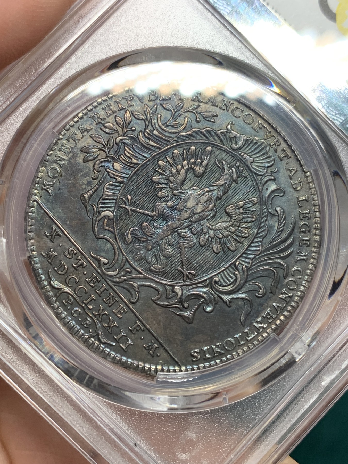 欢迎参加《竞宝斋》为爱冲冲冲 七夕特拍专场 ！第191场 (全场包邮) PCGS AUD 给91而不是92清洗 德国1772年“名誉品”法兰克福景观泰勒，蓝色星空彩犹如梵高油画。三年前欧洲裸币成交就已近千欧，可重新养护博分！