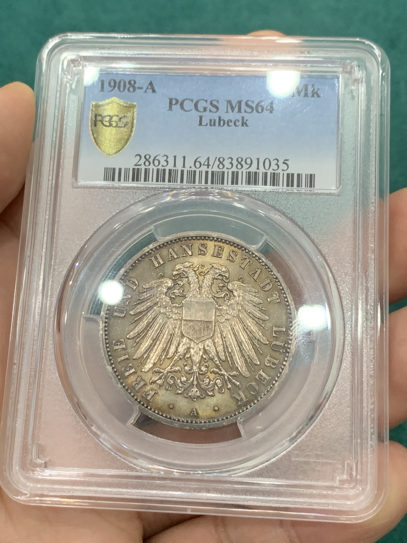 欢迎参加《竞宝斋》为爱冲冲冲 七夕特拍专场 ！第191场 (全场包邮) PCGS MS64 德国吕贝克市1908年3马克银币 币面呈现淡彩色 百看不厌 值得收藏