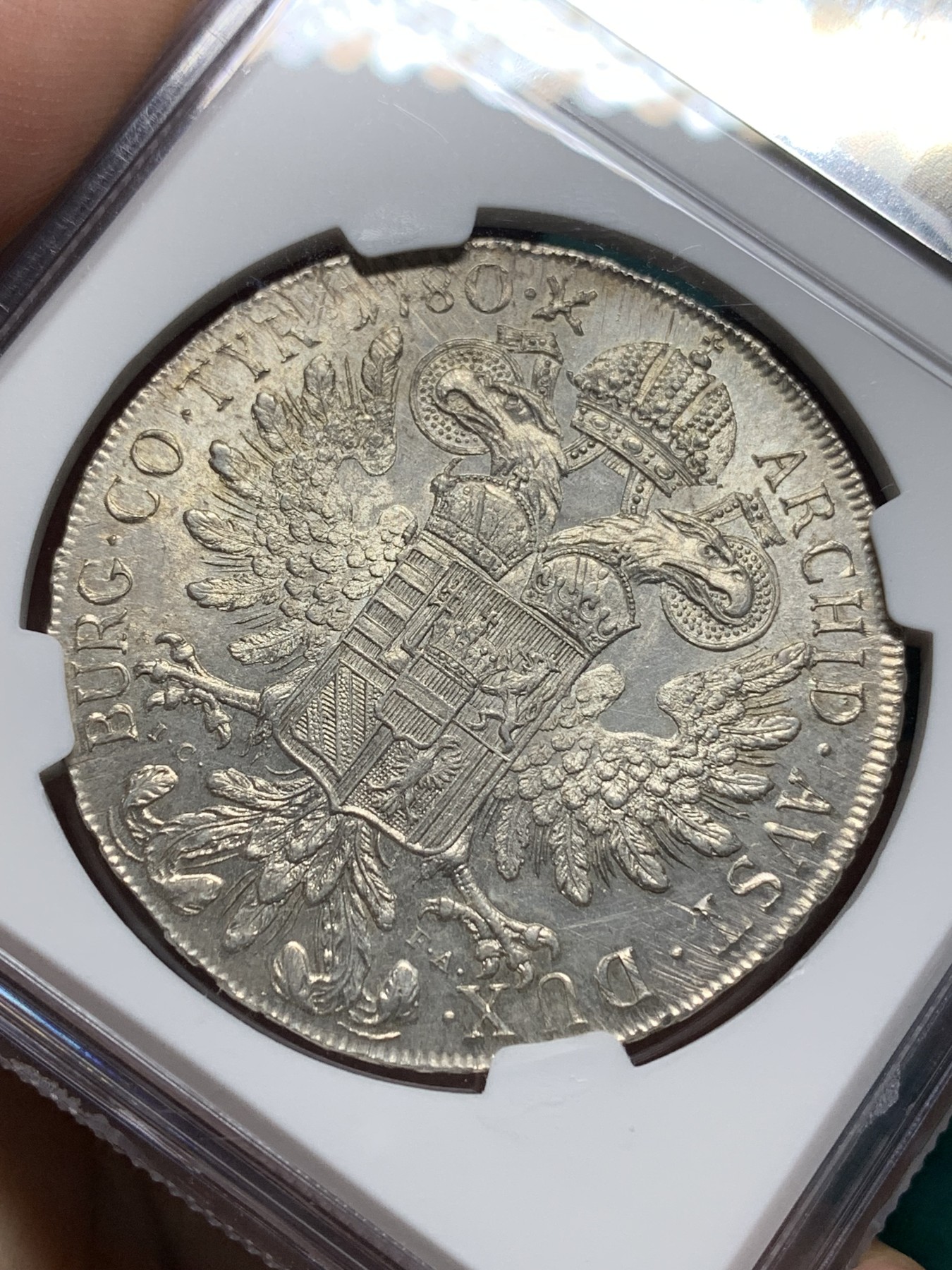 欢迎参加《竞宝斋》为爱冲冲冲 七夕特拍专场 ！第191场 (全场包邮) NGC MS61  1780原铸大奶妈泰勒银币IC FA维也纳厂，皇冠六珍珠大勃艮第十字H13版本，比常见的H19皇冠八珍珠少太多，NGC唯一评级