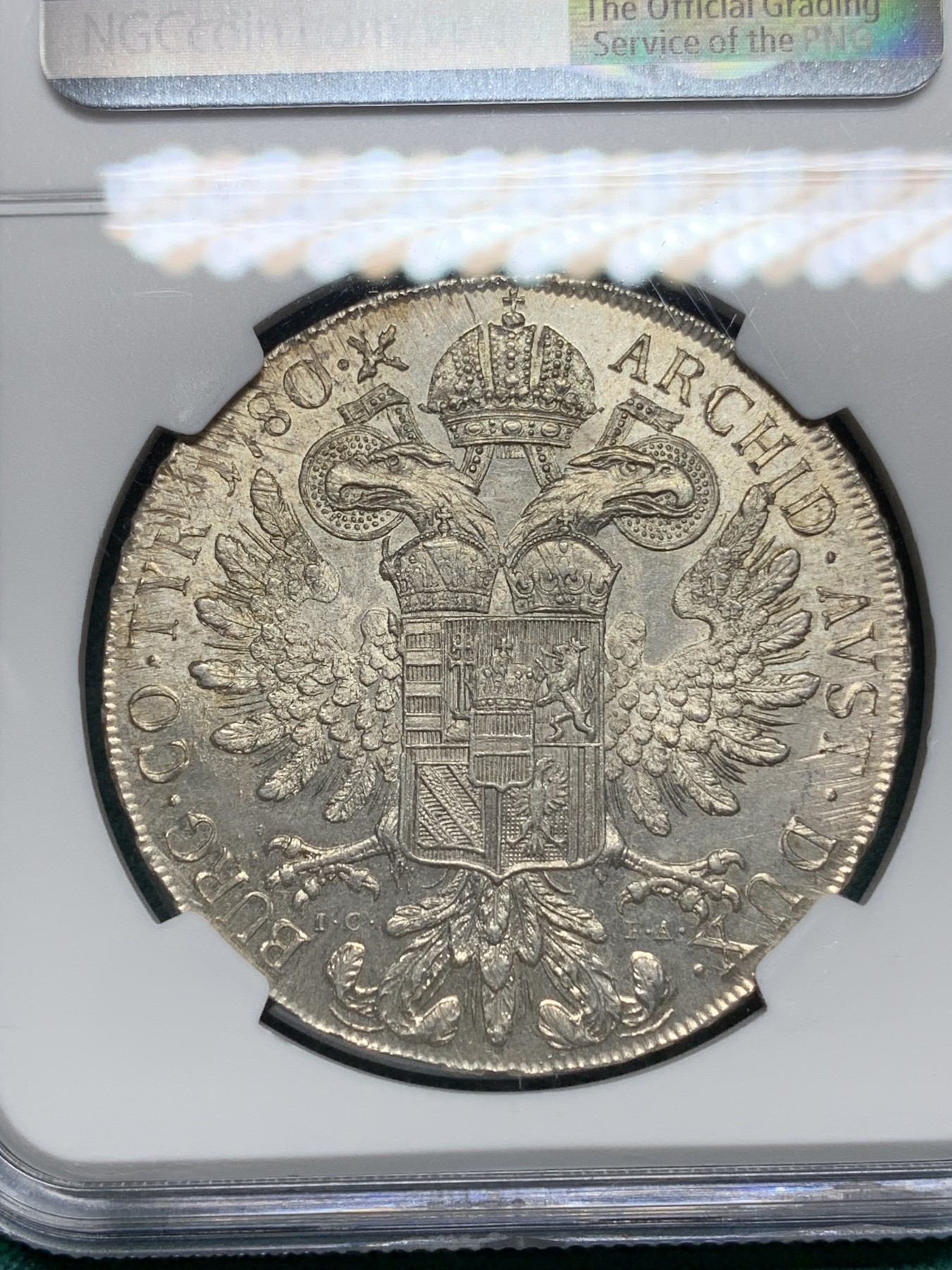 欢迎参加《竞宝斋》为爱冲冲冲 七夕特拍专场 ！第191场 (全场包邮) NGC MS61  1780原铸大奶妈泰勒银币IC FA维也纳厂，皇冠六珍珠大勃艮第十字H13版本，比常见的H19皇冠八珍珠少太多，NGC唯一评级