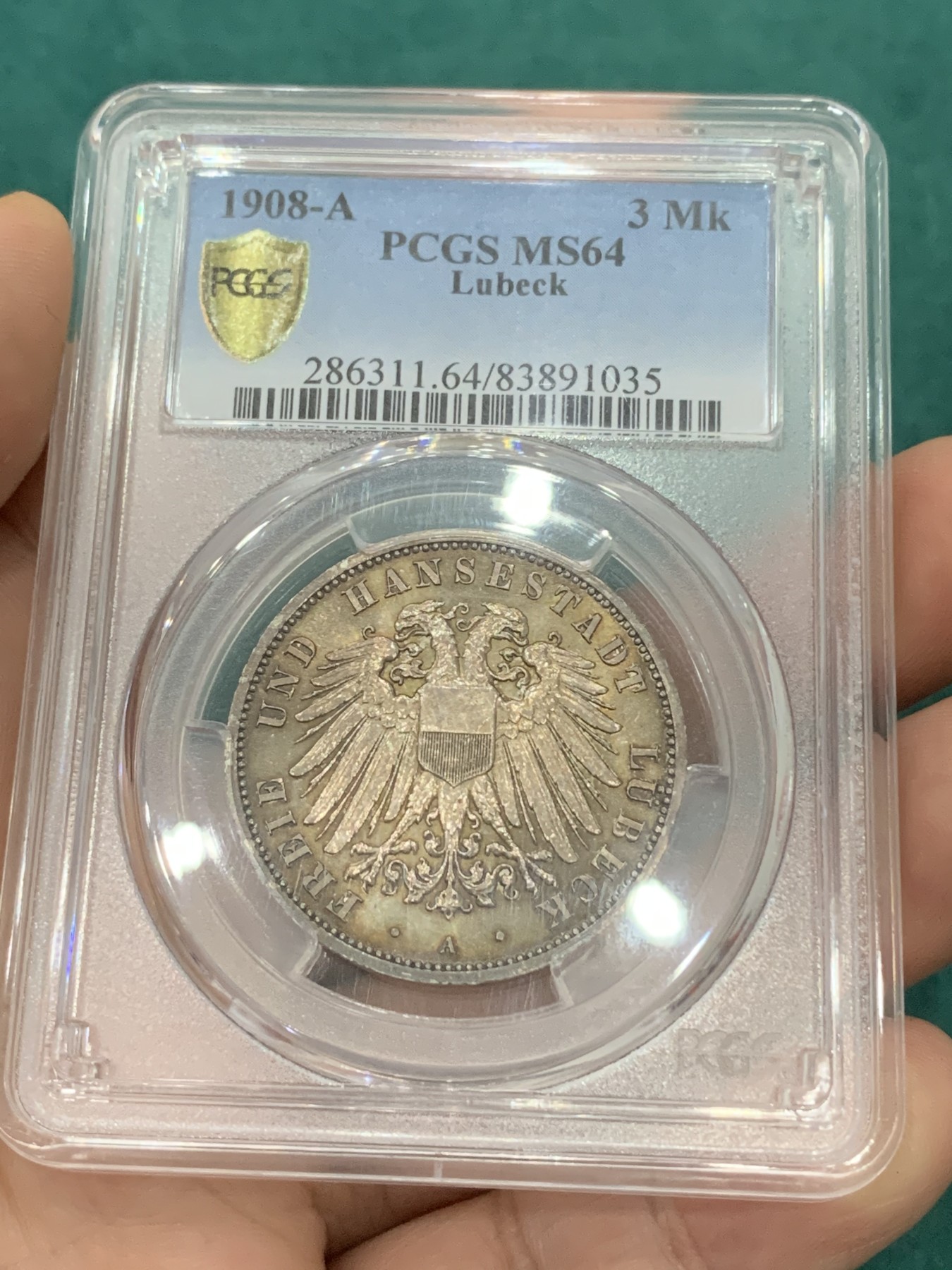欢迎参加《竞宝斋》为爱冲冲冲 七夕特拍专场 ！第191场 (全场包邮) PCGS MS64 德国吕贝克市1908年3马克银币 币面呈现淡彩色 百看不厌 值得收藏