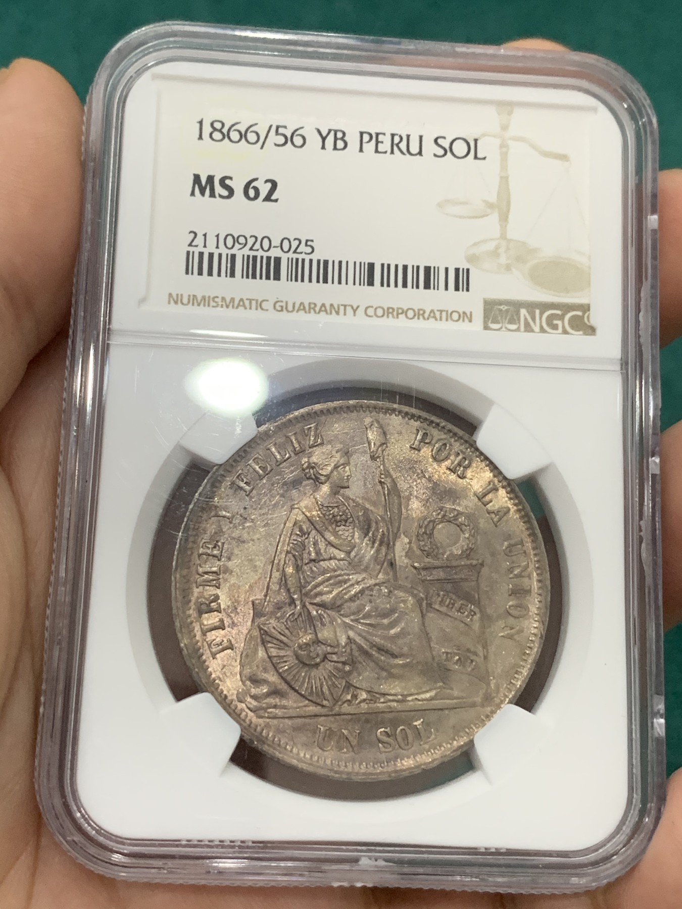 欢迎参加《竞宝斋》为爱冲冲冲 七夕特拍专场 ！第191场 (全场包邮) NGC MS62  1866/56 秘鲁1索尔银币 骑字版 早期年份 包浆不错 底光充足