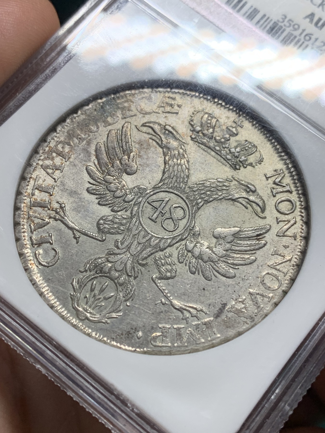 欢迎参加《竞宝斋》为爱冲冲冲 七夕特拍专场 ！第191场 (全场包邮) NGC AU58 德国  1752 自由汉萨城市 吕贝克 48先令 泰勒大银币 高品质原味包浆