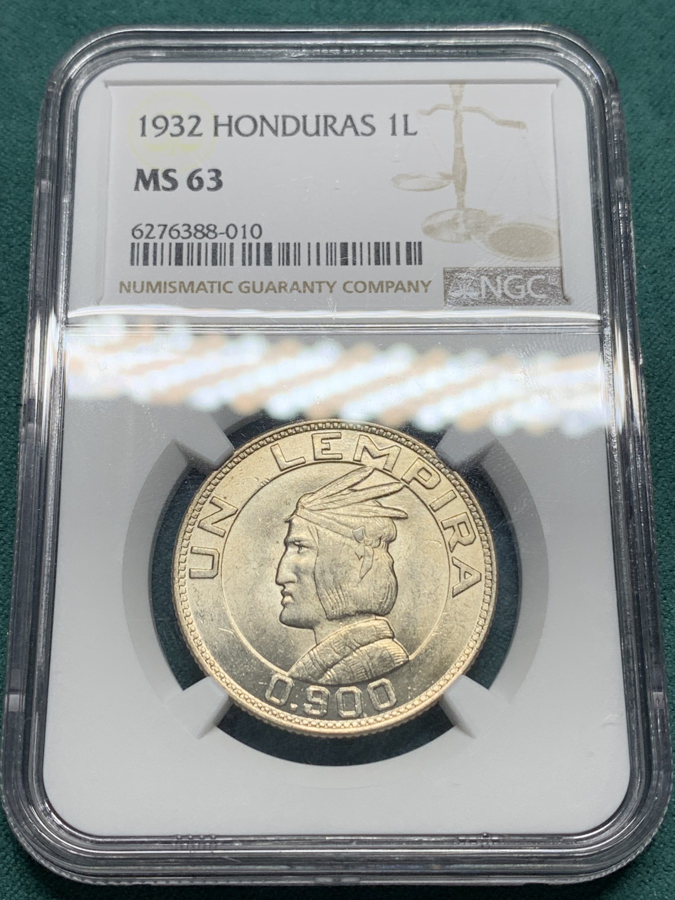 欢迎参加《竞宝斋》为爱冲冲冲 七夕特拍专场 ！第191场 (全场包邮) NGC-MS63 洪都拉斯 1932年 1伦皮拉 银币 很少见的主币 潜力品种