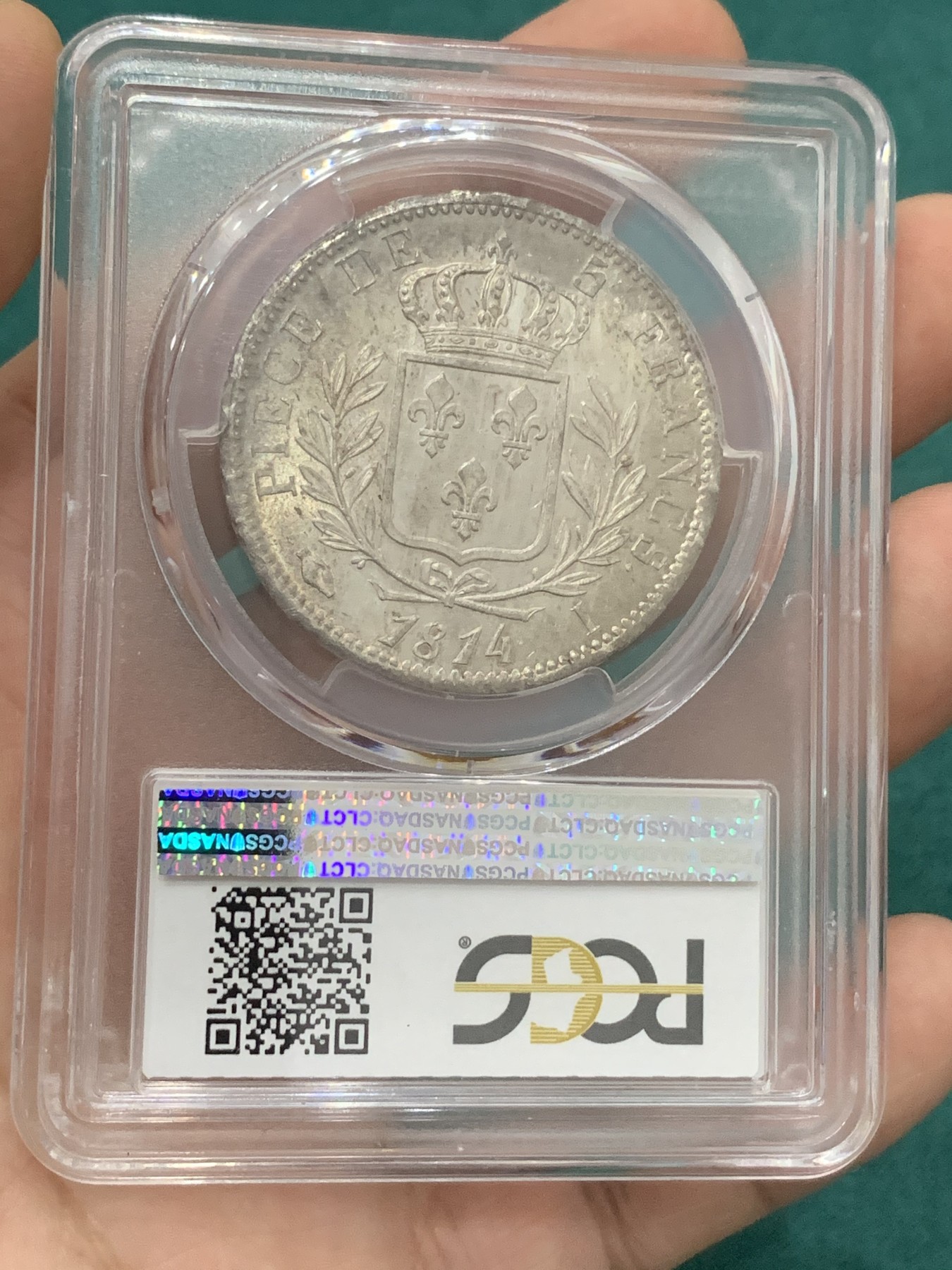 欢迎参加《竞宝斋》为爱冲冲冲 七夕特拍专场 ！第191场 (全场包邮) PCGS MS63 法国 1814年I版 路易十八 戎装版 5法郎银币 只有铸造了两年 极少品种  分数与品质共存 非常不错