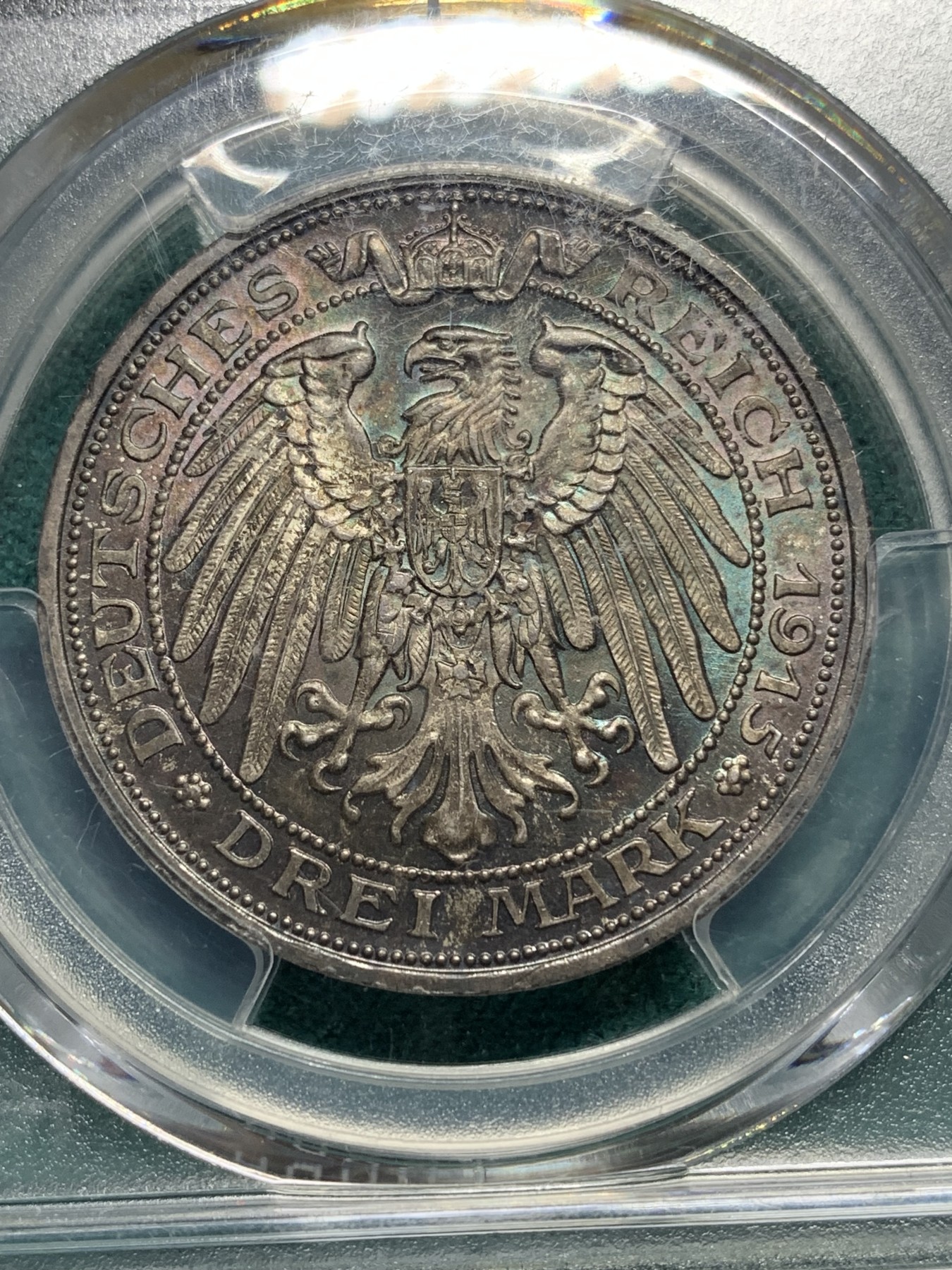 欢迎参加《竞宝斋》为爱冲冲冲 七夕特拍专场 ！第191场 (全场包邮) PCGS MS66 1915年德国普鲁士屠龙3马克银币 原味酱彩 这个包浆实在难得