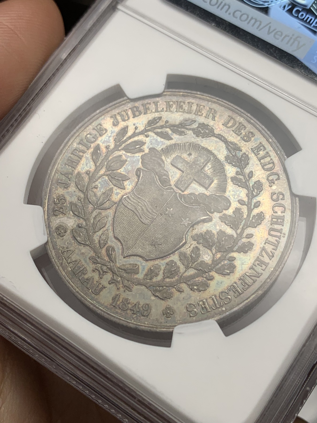 欢迎参加《竞宝斋》为爱冲冲冲 七夕特拍专场 ！第191场 (全场包邮) NGC-MS62 瑞士 1849年 阿尔高 射击节银章 早期稀少品种 镜面底板 油亮包浆 非常漂亮