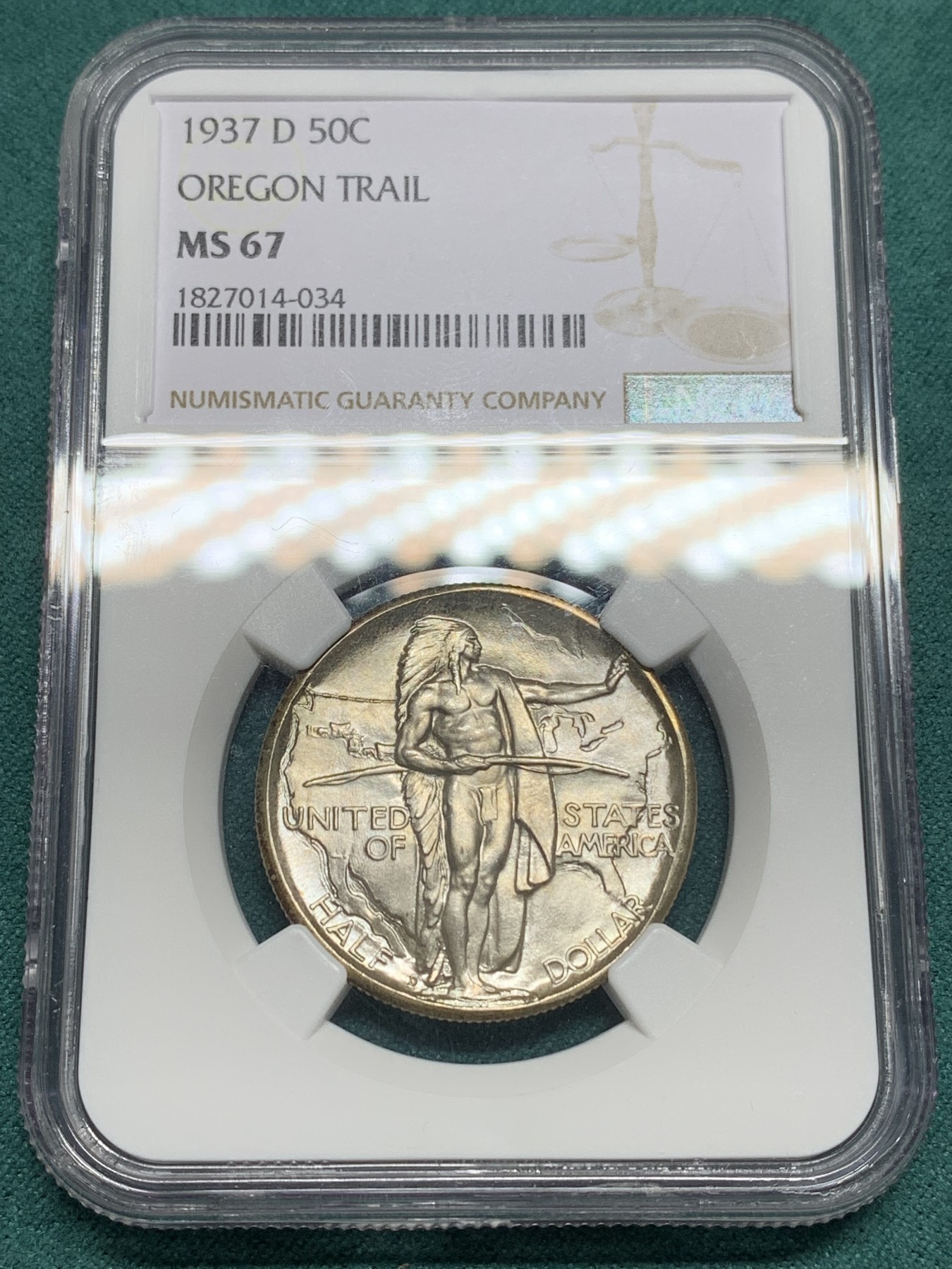 欢迎参加《竞宝斋》为爱冲冲冲 七夕特拍专场 ！第191场 (全场包邮) NGC-MS67 美国 1937年 50美分 俄勒冈小道 土著人+大篷车经典设计 老盒+高分 一步到位 很难超越了