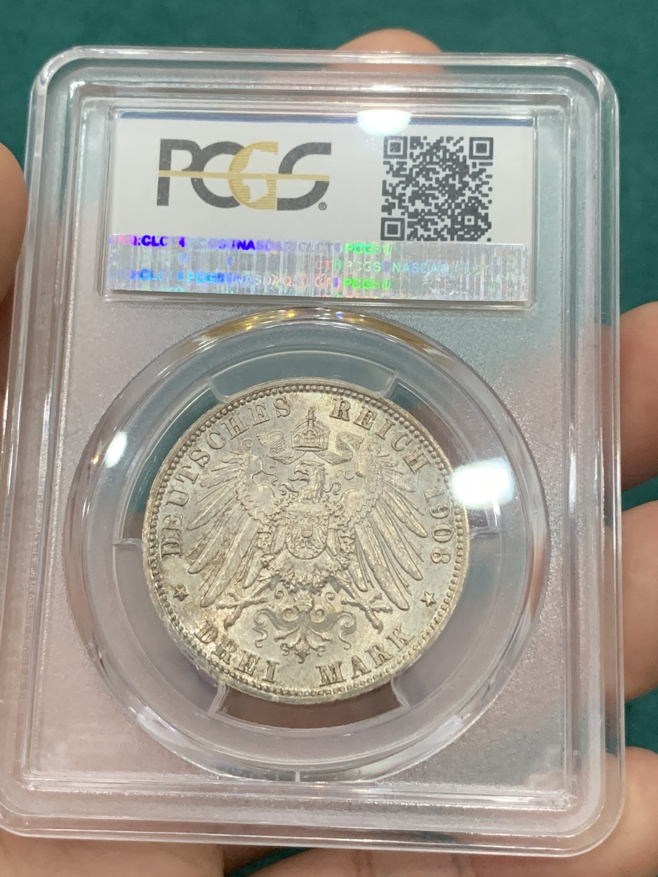 欢迎参加《竞宝斋》为爱冲冲冲 七夕特拍专场 ！第191场 (全场包邮) PCGS MS64 德国吕贝克市1908年3马克银币 币面呈现淡彩色 百看不厌 值得收藏