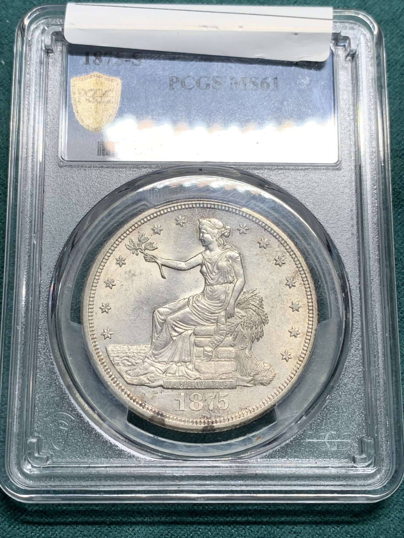 欢迎参加《竞宝斋》为爱冲冲冲 七夕特拍专场 ！第191场 (全场包邮) PCGS-MS61美国1875-S拿花贸易银币 底板丝滑转光带淡彩，这个年份这个品相很难得 稀少热门品种，不容错过