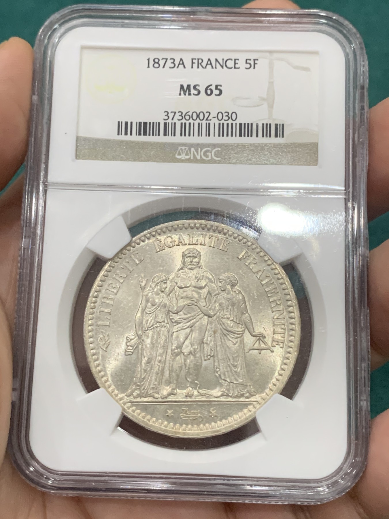 欢迎参加《竞宝斋》为爱冲冲冲 七夕特拍专场 ！第191场 (全场包邮) NGC老盒 MS65 法国1873年大力神5法郎银币，收藏级高分！