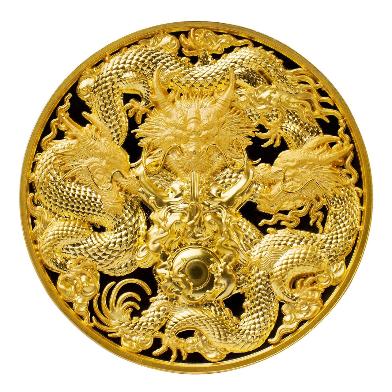【金钰满堂钱币】拍卖第十二期 福利多多 大家多多捧场 三龙 Triple Dragons   2022乍得发行 面值：15000中非法郎 材质：3oz银镀金 发行量：500枚 直径：50mm  