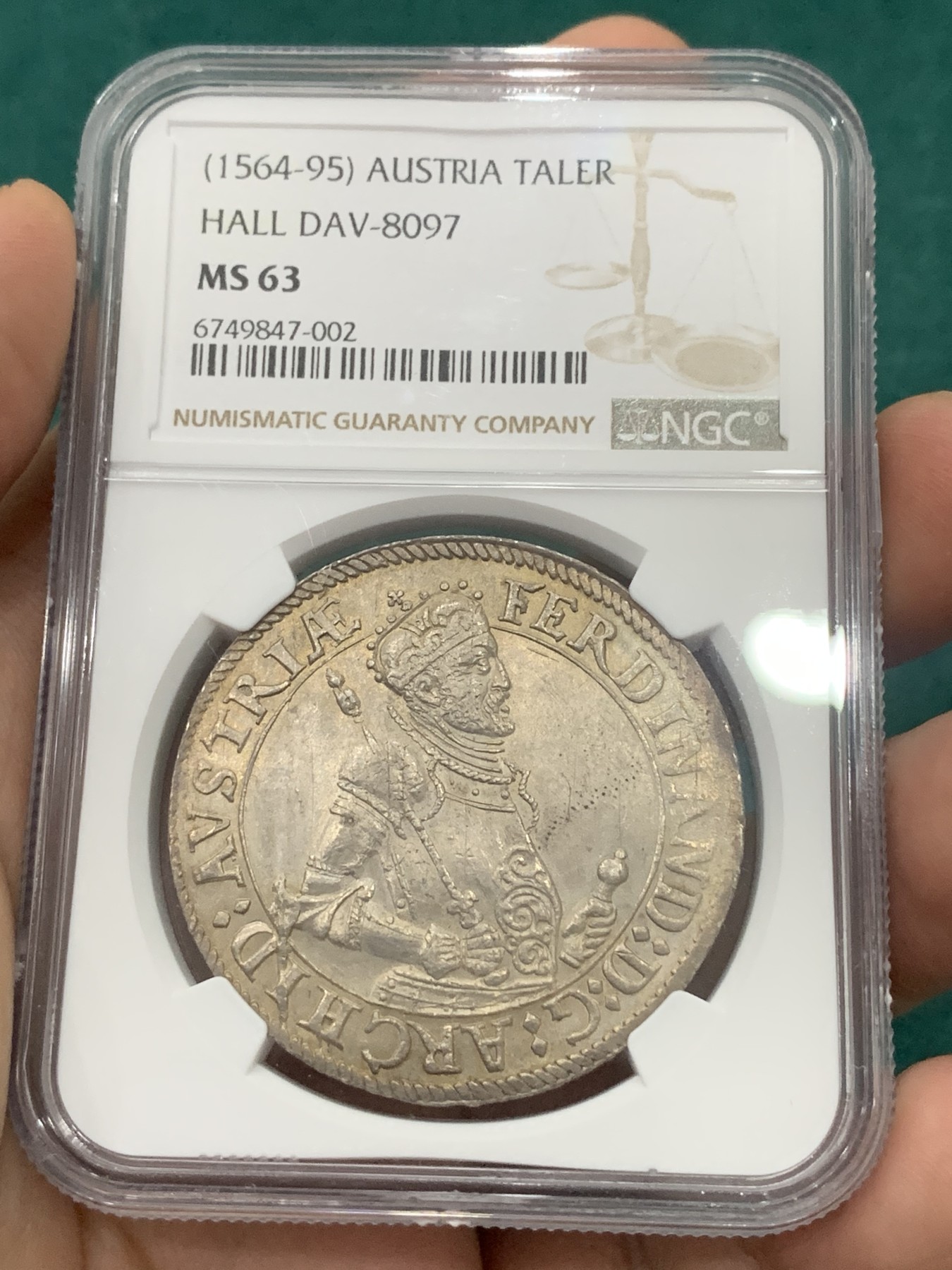 欢迎参加《竞宝斋》为爱冲冲冲 七夕特拍专场 ！第191场 (全场包邮) NGC-MS63  神圣罗马帝国 1564-95年 1泰勒 大银币霍尔造币厂 双面五彩包浆好状态 一枚毕业