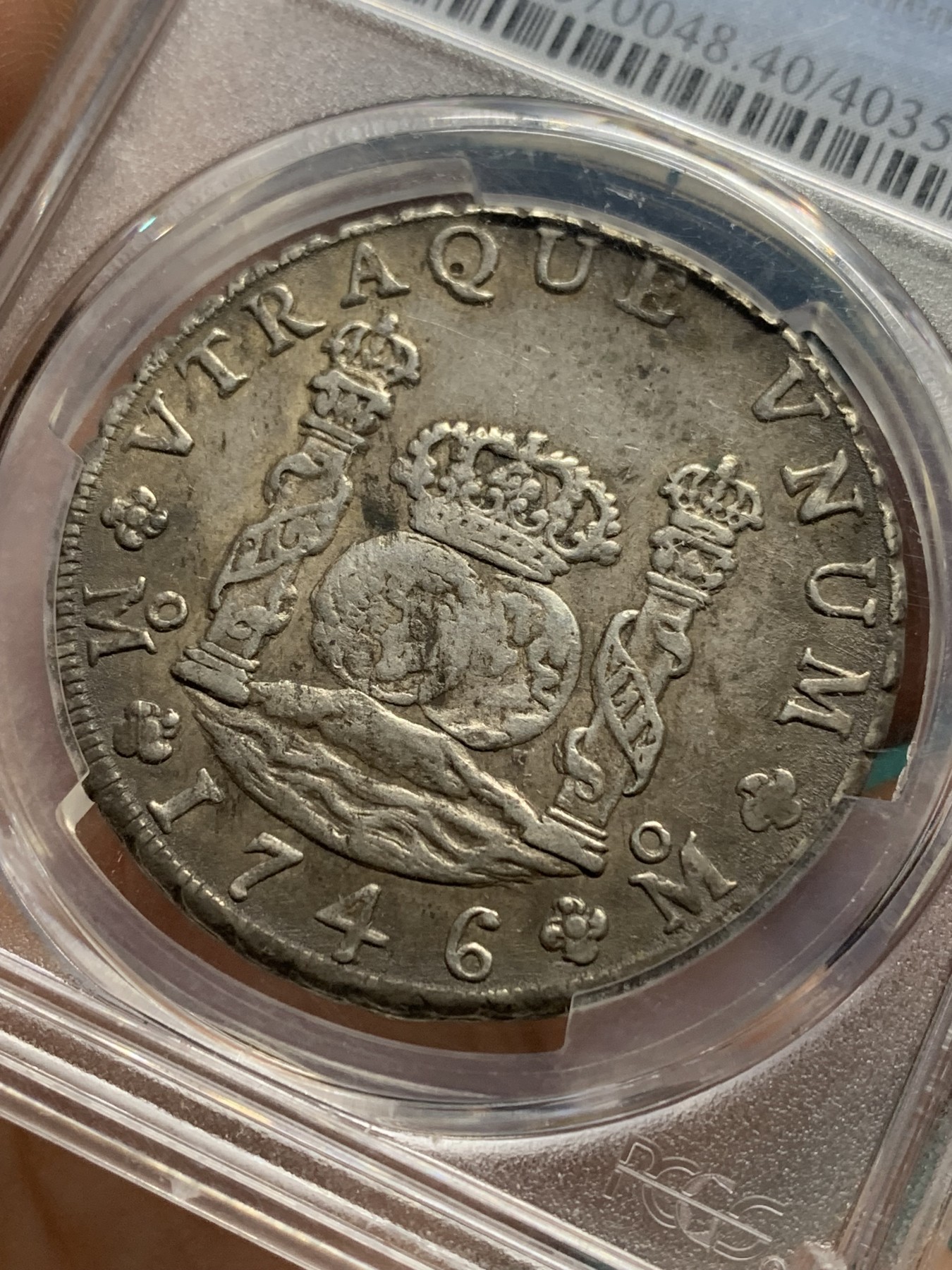 欢迎参加《竞宝斋》为爱冲冲冲 七夕特拍专场 ！第191场 (全场包邮) PCGS-XF40 早期费五 西属墨西哥 1746 MO MF 地球双柱 8瑞尔 原味包浆